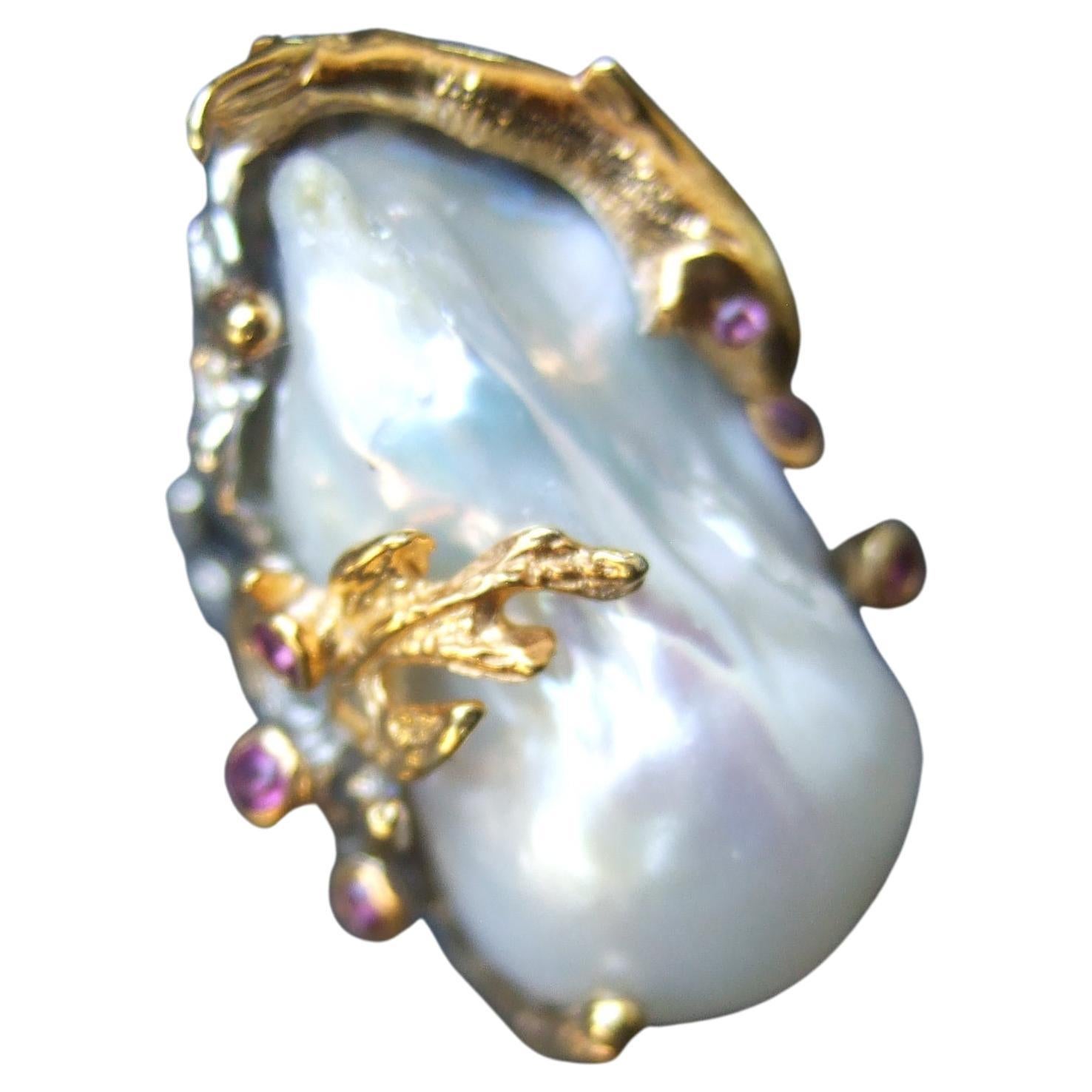 Bague artisanale en argent sterling avec perle d'eau douce baroque taille 9 21st c 