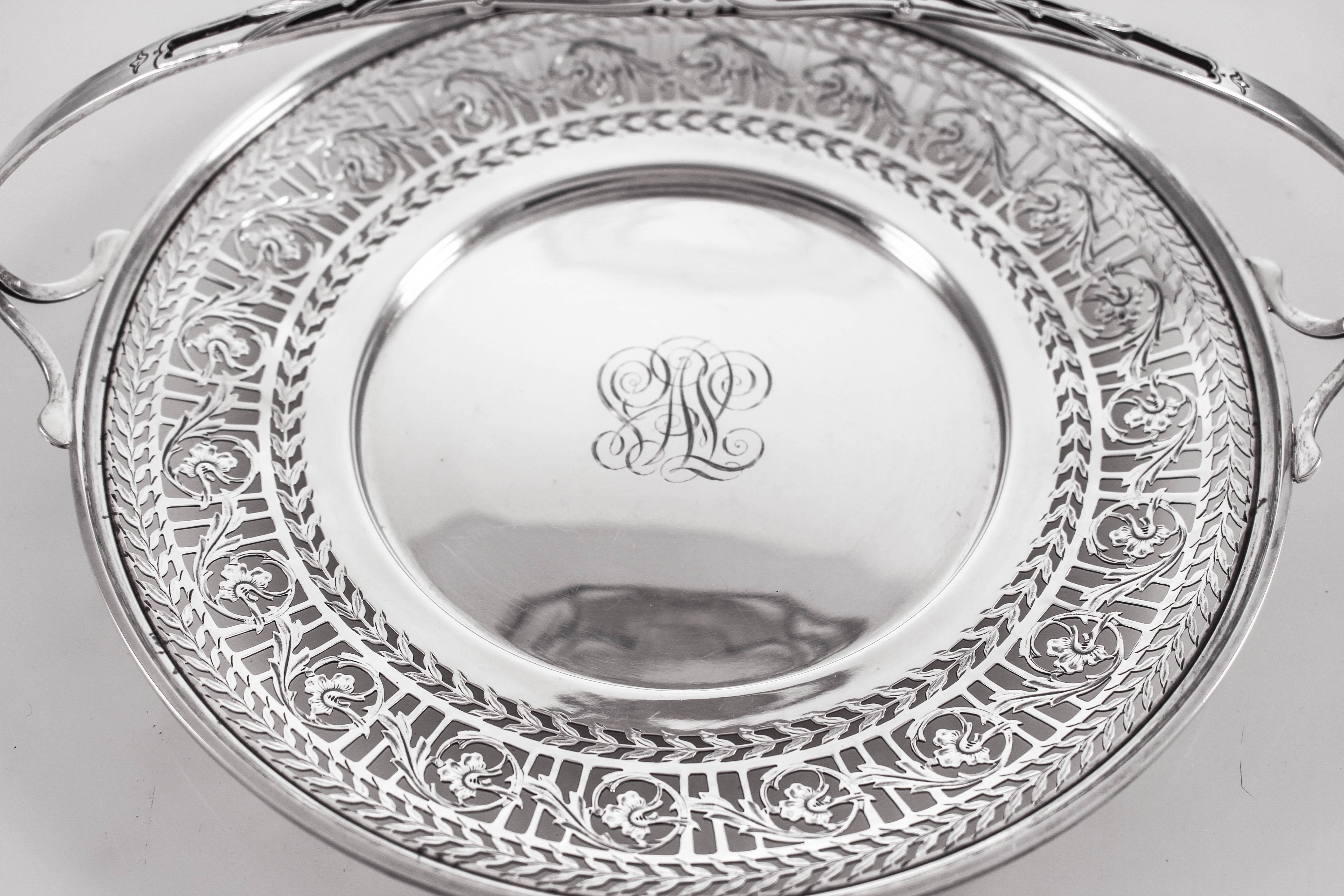 We are proud to offer this sterling silver basket made in 1916 (signed) by the Gorham Silver Co of Providence, Rhode Island. Gorham was one of the premier Silversmiths in the USA and there pieces are a testament to the quality silver pieces they