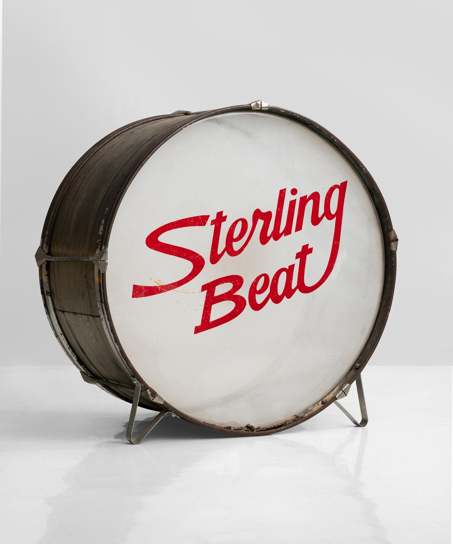 Sterling Beat drum, America, 1977.

#9100 Vintage toy bass drum manufactured by Noble Cooley, with stylish graphics and metal surround.