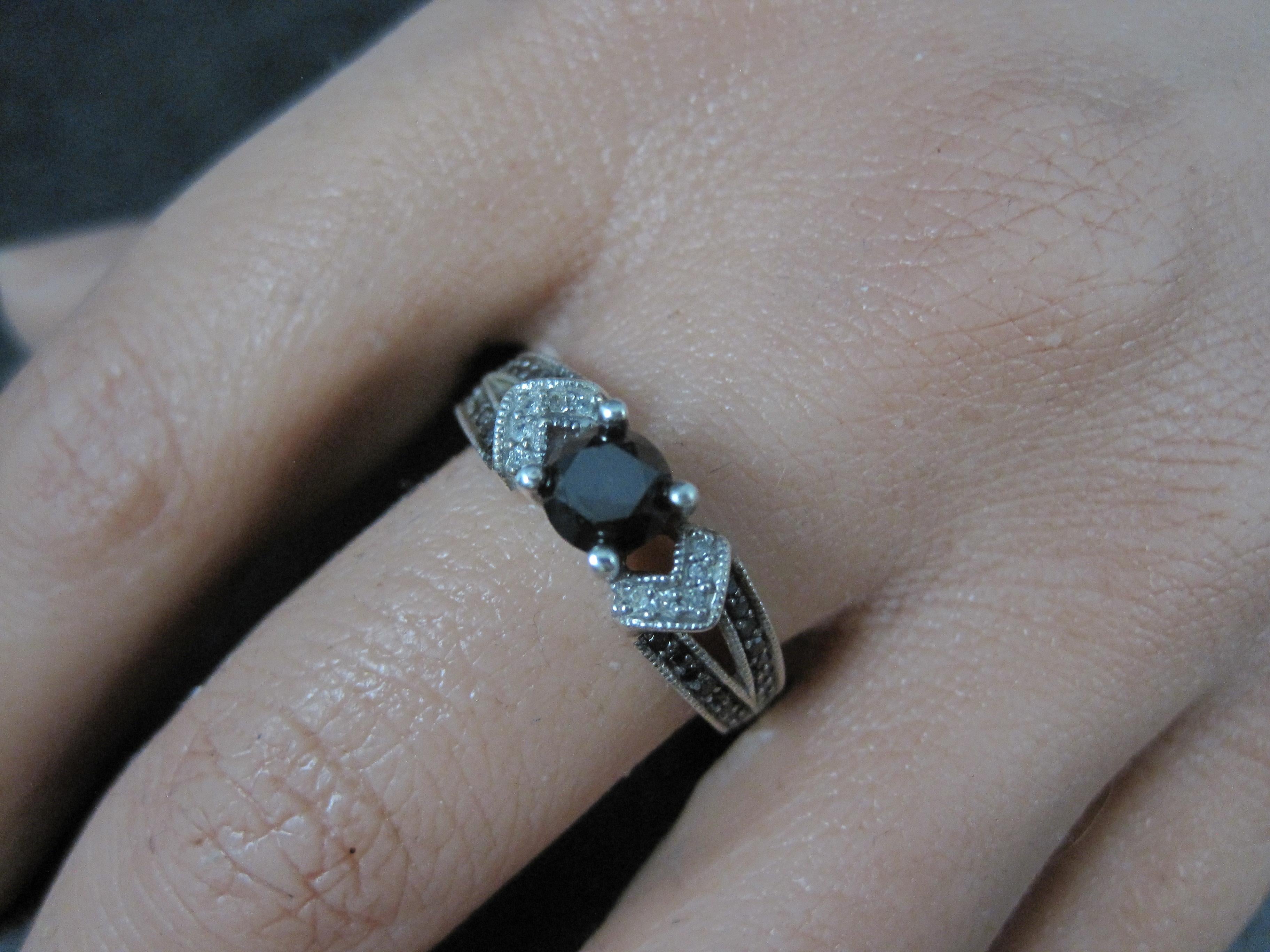 Sterling Black and White Diamond Engagement Ring Size 8 For Sale 5
