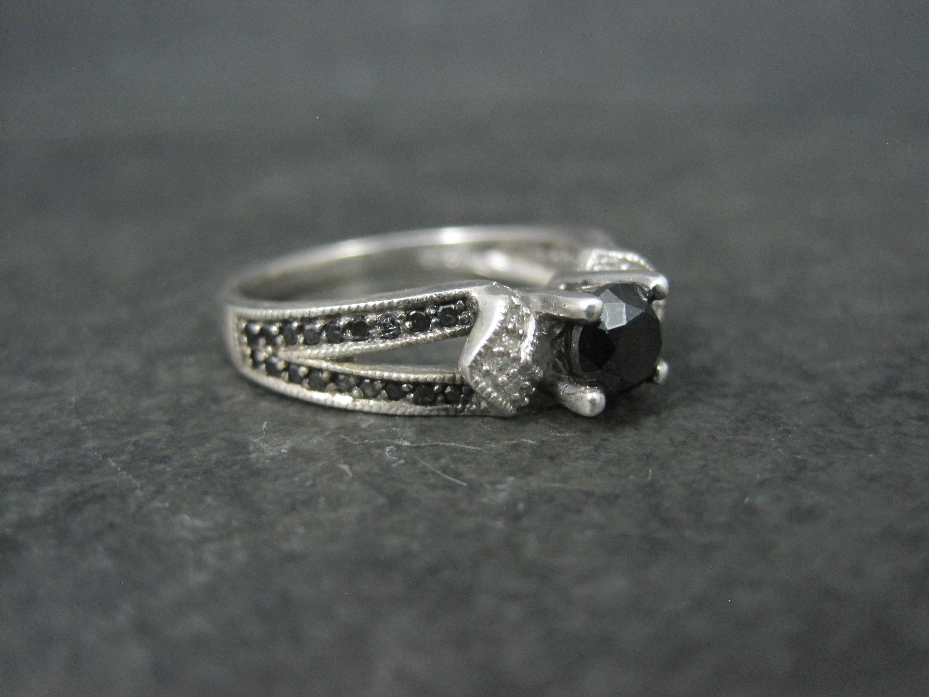 Modern Sterling Black and White Diamond Engagement Ring Size 8 For Sale