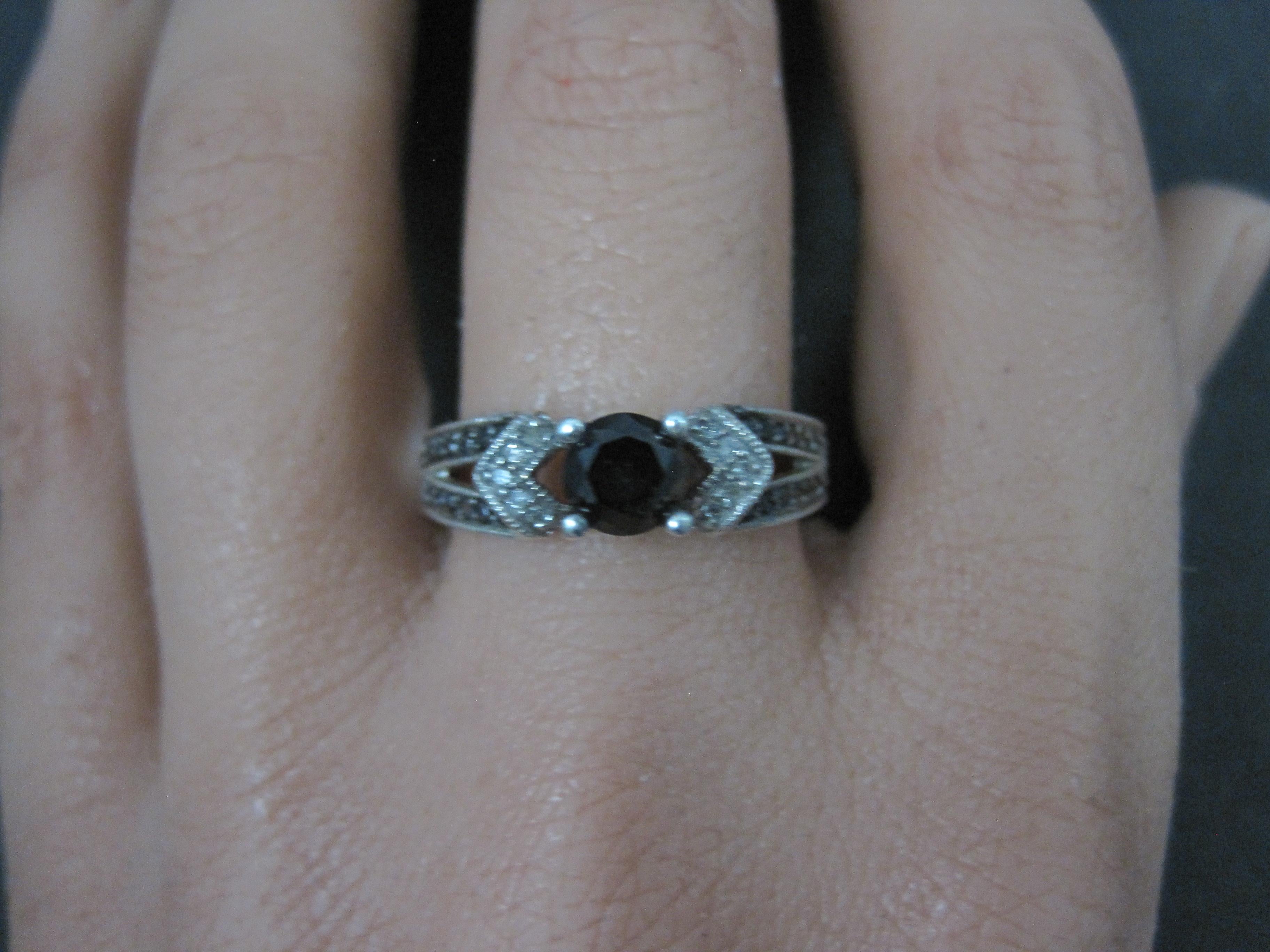 Sterling Black and White Diamond Engagement Ring Size 8 For Sale 2