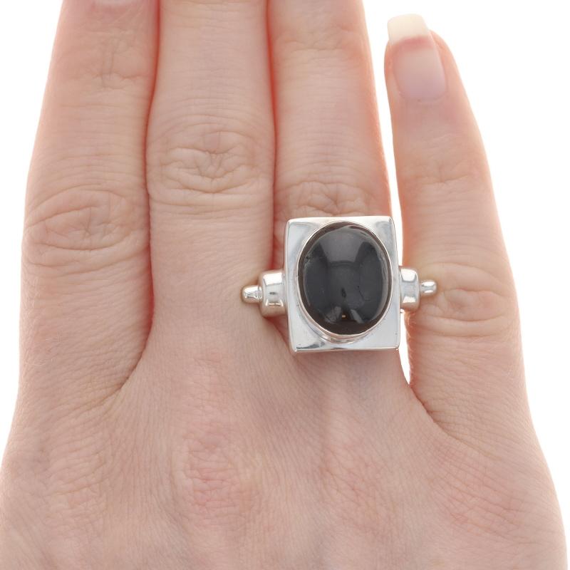 Taglio ovale Anello solitario in argento con zaffiro nero - 925 Oval Cab Geometric in vendita