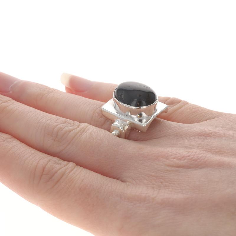 da uomo o donna Anello solitario in argento con zaffiro nero - 925 Oval Cab Geometric in vendita