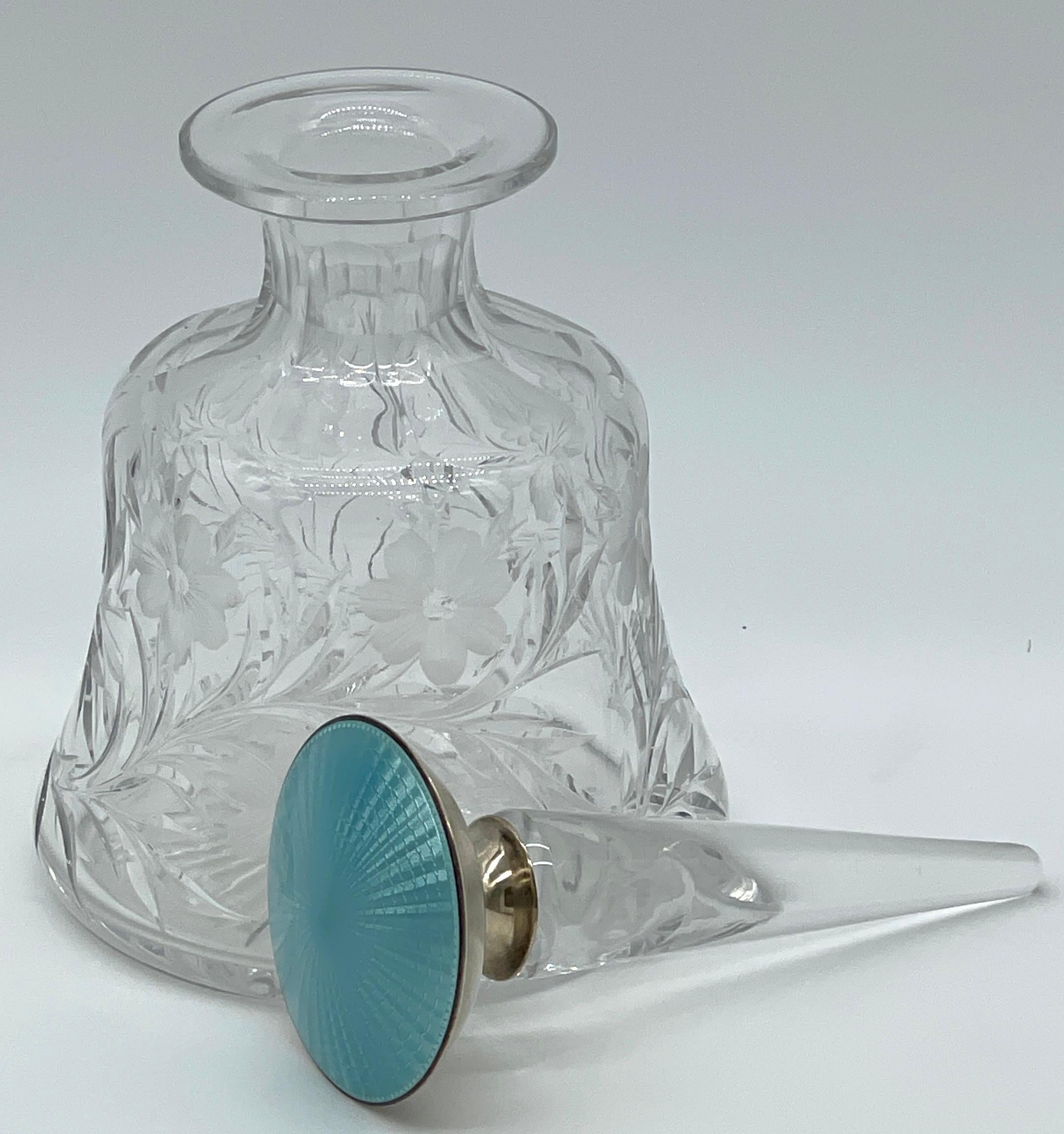 Sterling & Blue Guilloché Enamel Floral Cut Glass Perfume Bottle  For Sale 2