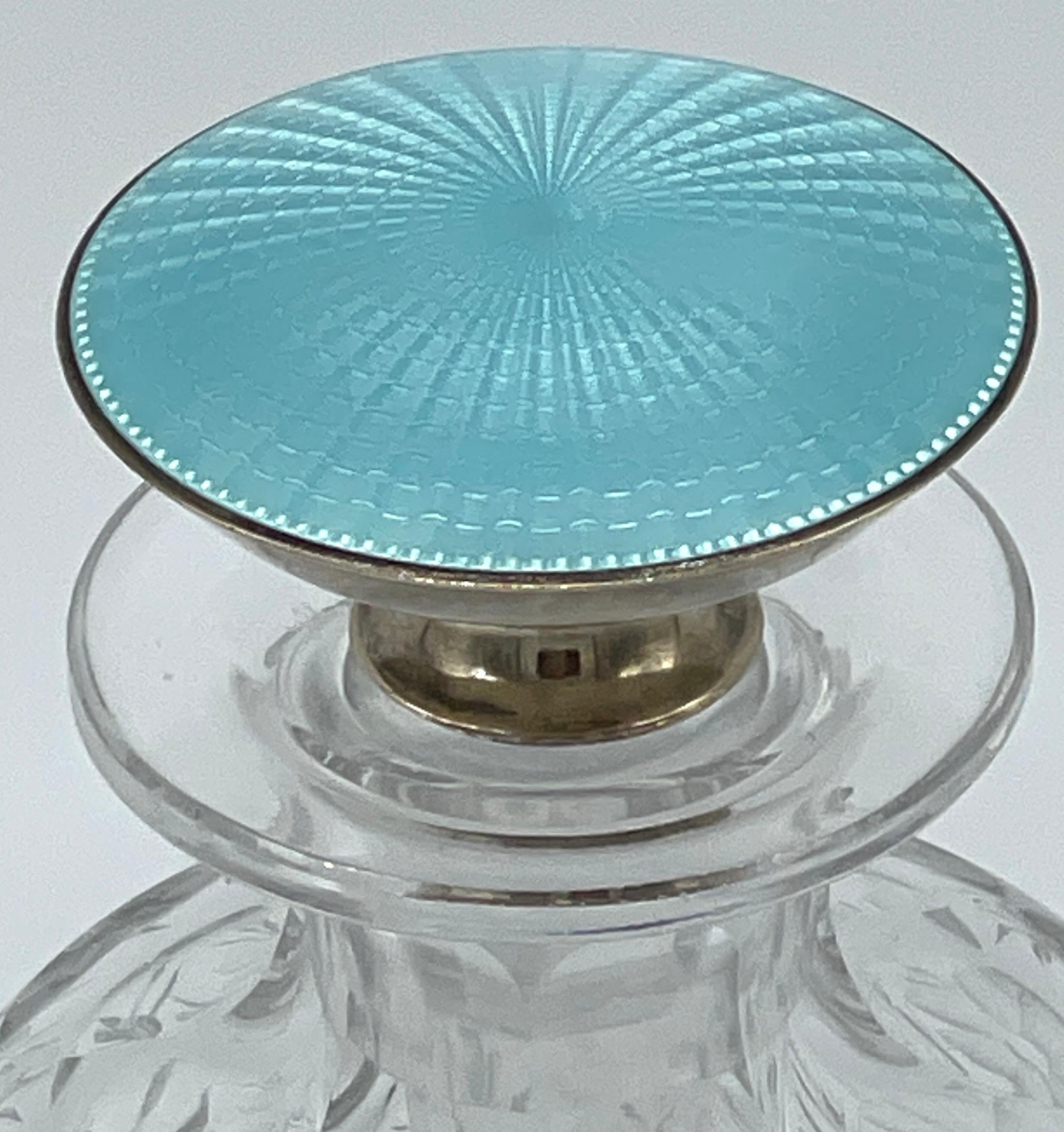 Art Deco Sterling & Blue Guilloché Enamel Floral Cut Glass Perfume Bottle  For Sale