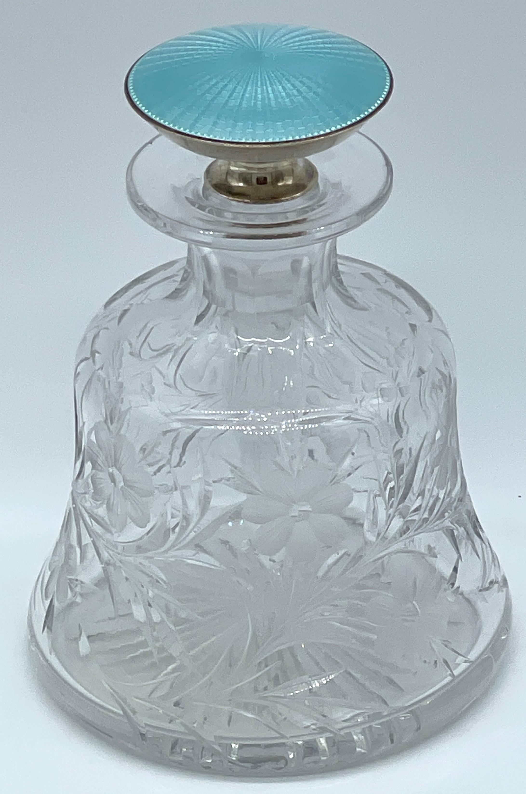 American Sterling & Blue Guilloché Enamel Floral Cut Glass Perfume Bottle  For Sale