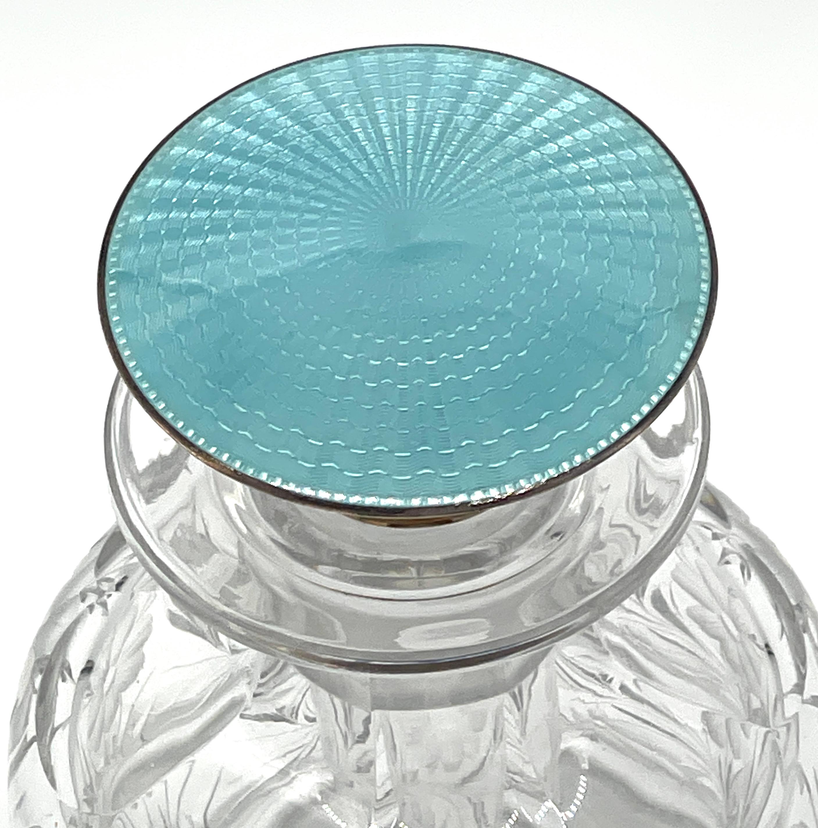 Enameled Sterling & Blue Guilloché Enamel Floral Cut Glass Perfume Bottle  For Sale