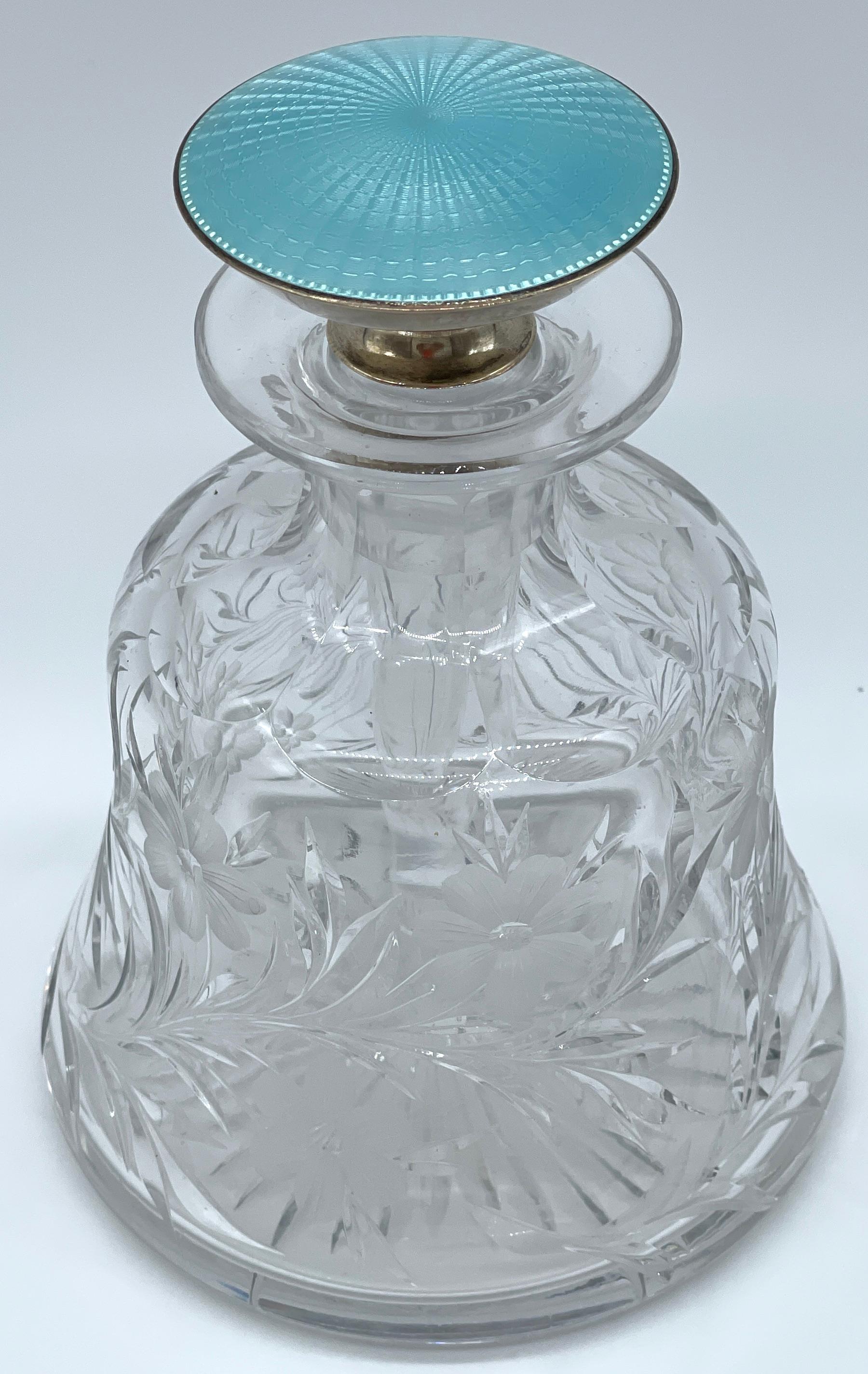 Sterling & Blue Guilloché Enamel Floral Cut Glass Perfume Bottle  In Good Condition For Sale In West Palm Beach, FL