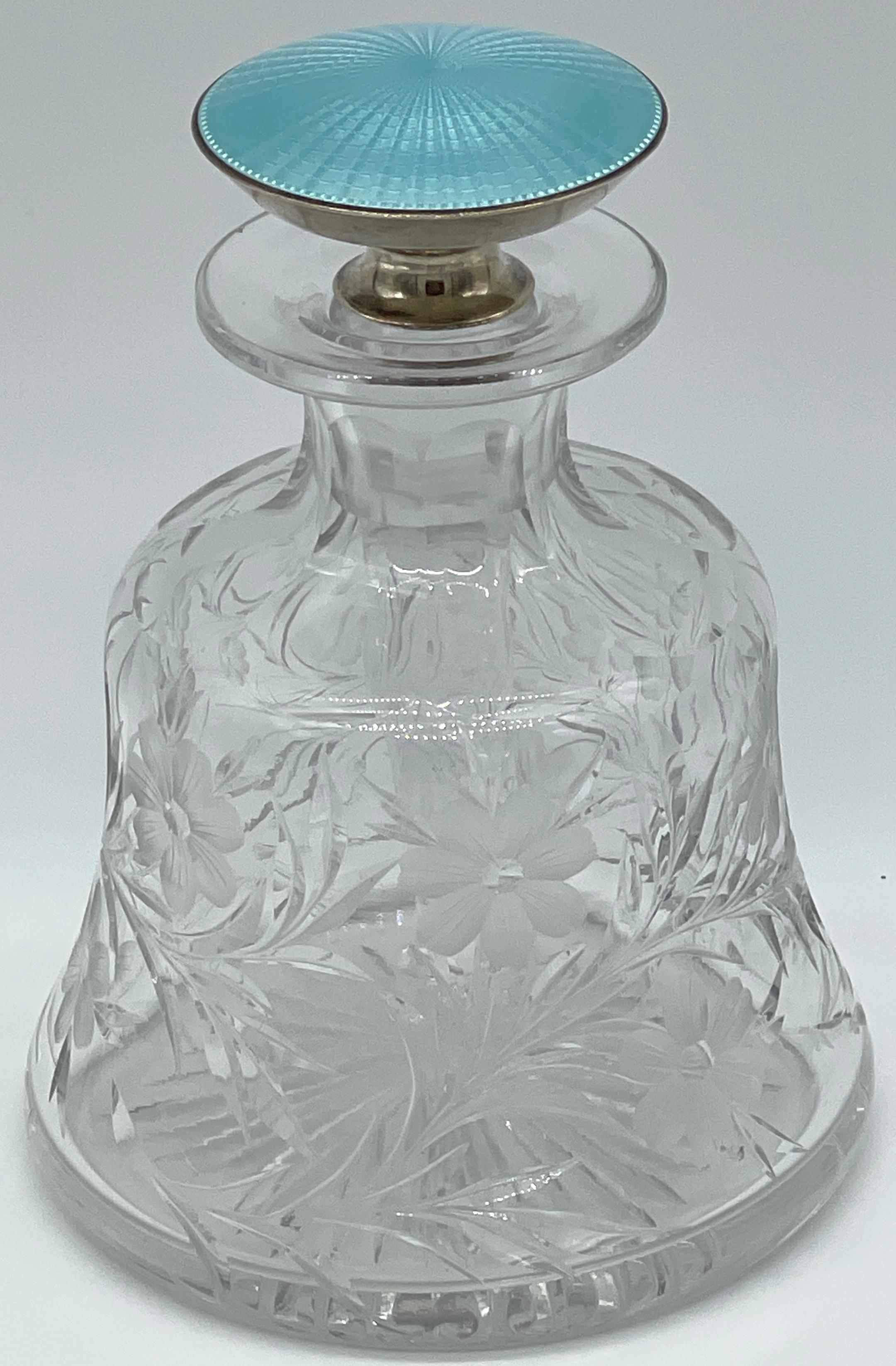 20th Century Sterling & Blue Guilloché Enamel Floral Cut Glass Perfume Bottle  For Sale