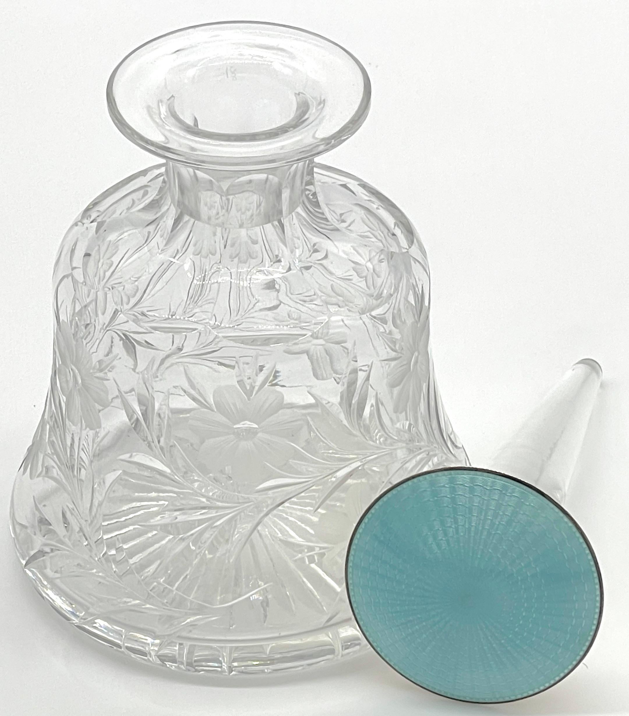 Sterling Silver Sterling & Blue Guilloché Enamel Floral Cut Glass Perfume Bottle  For Sale