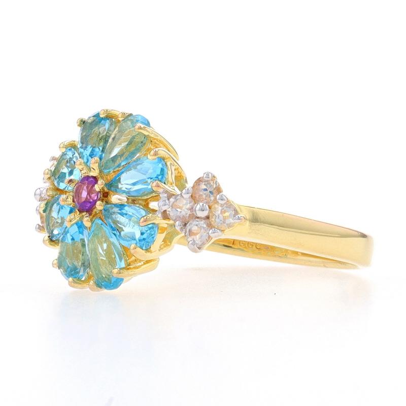 Sterling Blue & Mystic Topaz Amethyst Flower Ring 925 Gold Plated Pear Halo Sz 9 In Excellent Condition For Sale In Greensboro, NC