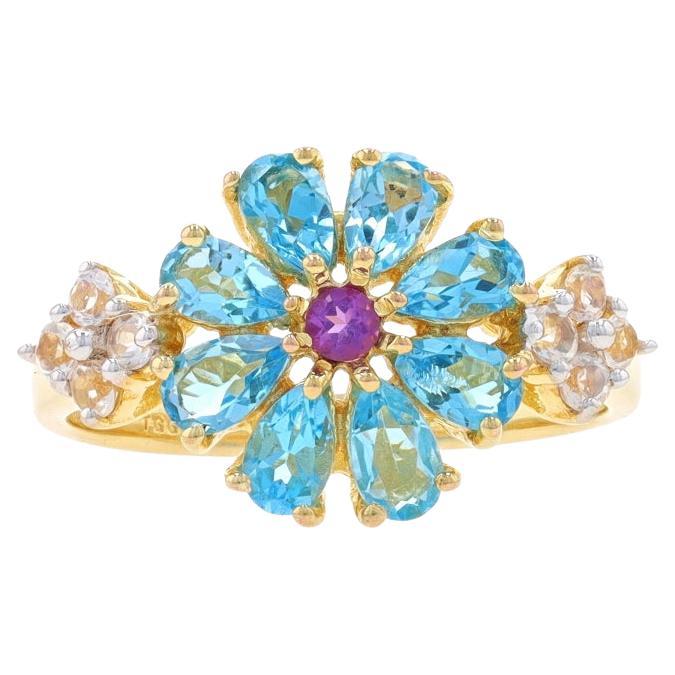 Sterling Blue & Mystic Topaz Amethyst Flower Ring 925 Gold Plated Pear Halo Sz 9 For Sale