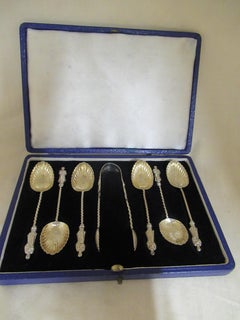 Sterling Box of 6 Apostle & Shell Teaspoons + Tongs Hallmarked:- London 1895