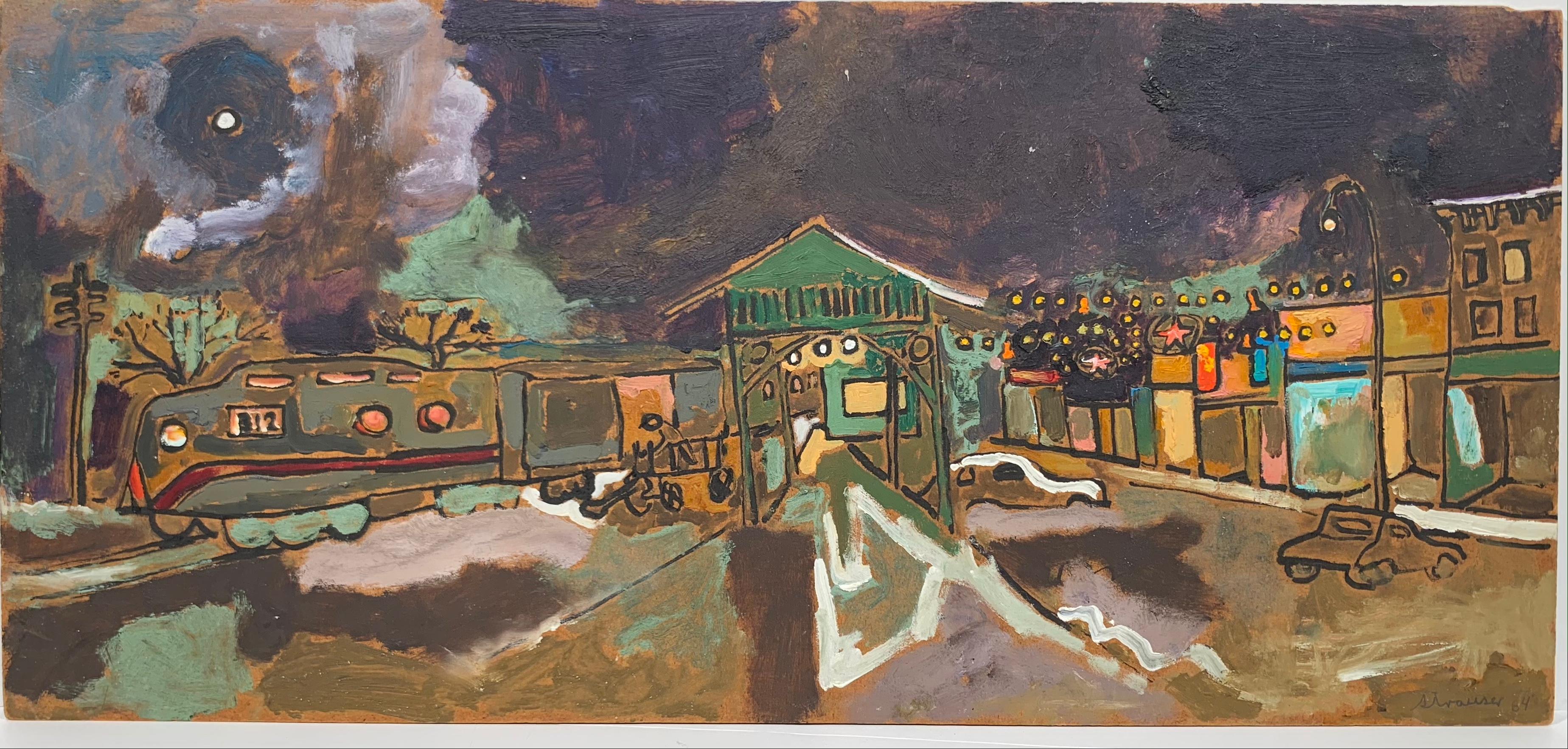 Sterling Boyd Strauser Landscape Painting - Crystal Street Train Station in Winter Moonlight (East Stroudsburg, PA)