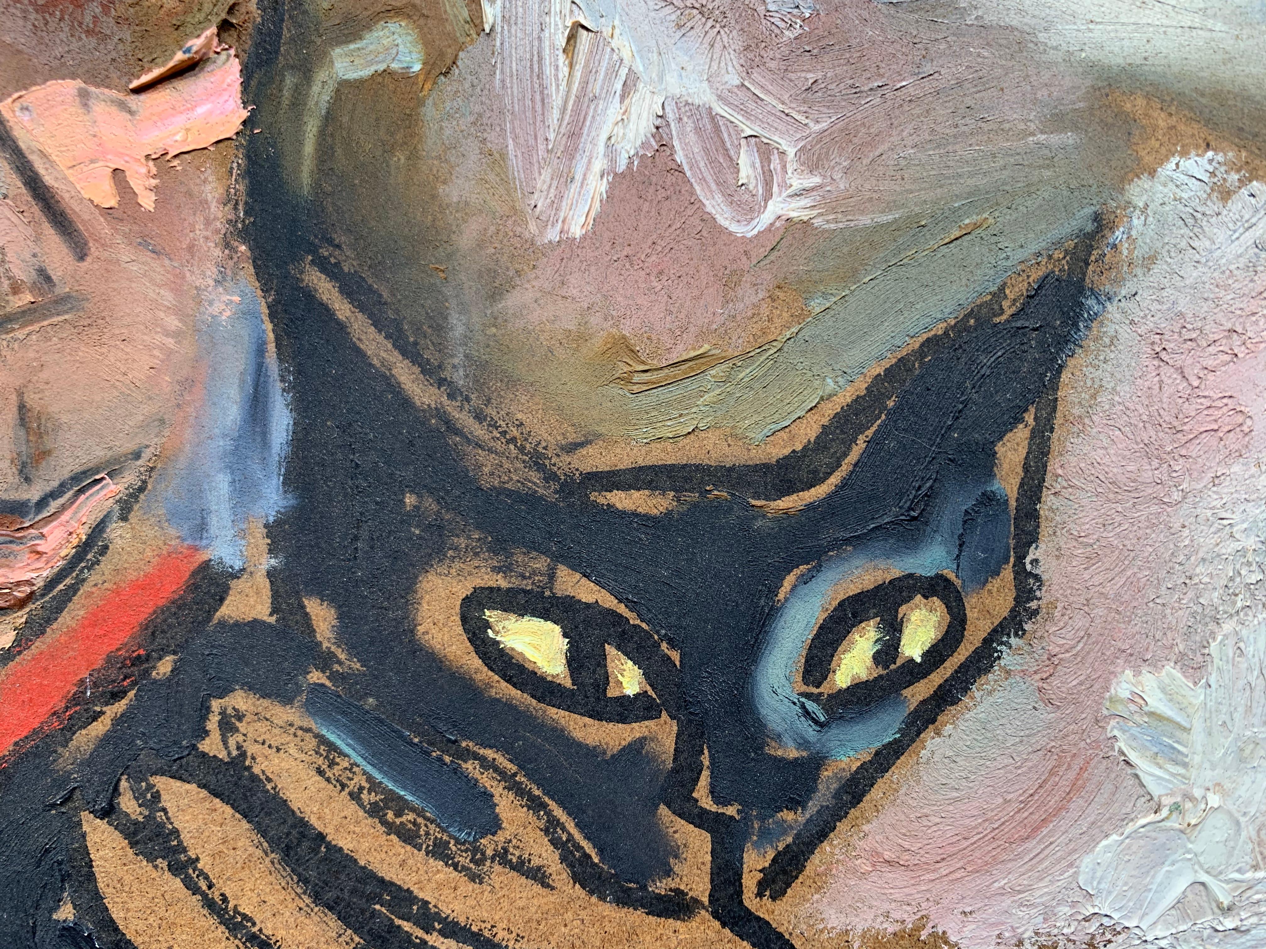 Winterspaziergang mit Jaspis, (Gemälde einer schwarzen Katze) im Angebot 1
