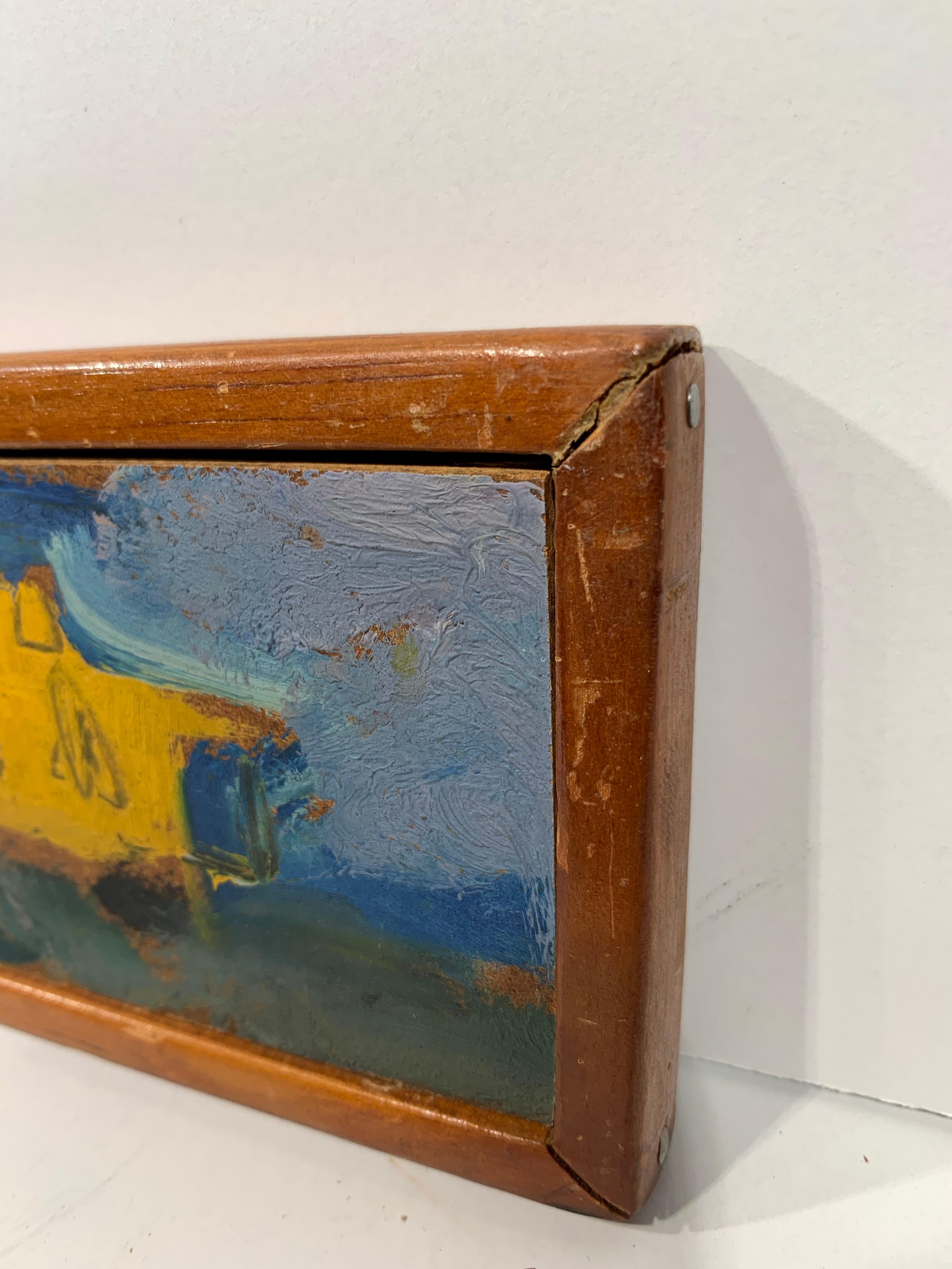 Sterling Strauser (1907-1995). Yellow Caboose #2, 1956. Oil on panel, 2.75 x 24  inches. Framed measurement: 3.25 x 24.5 inches. Signed and dated upper center. Titled on verso. Excellent condition with no damage or conservation.

Image depicts