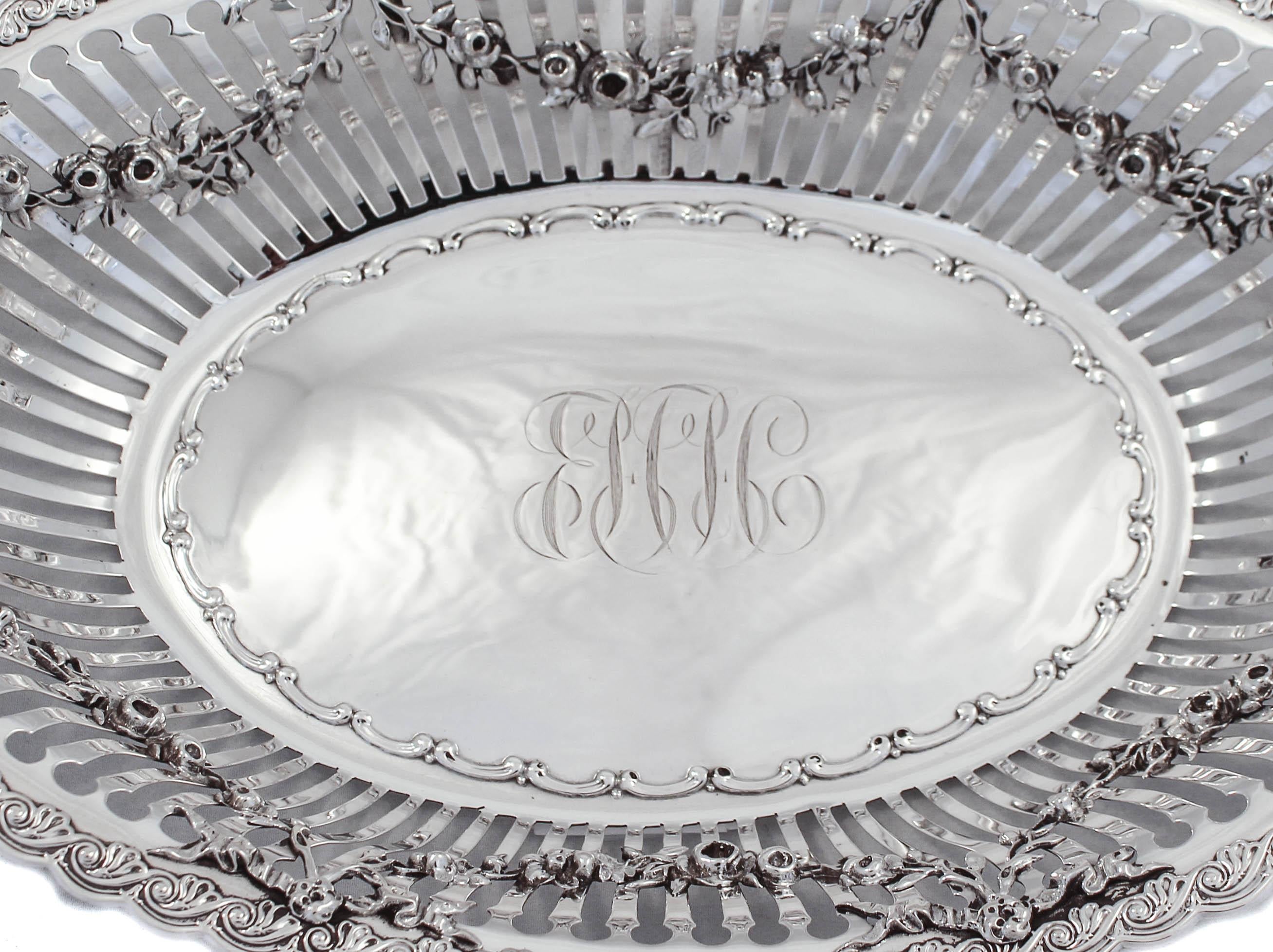 We are proud to offer this magnificent sterling silver breadbasket by the Whiting Manufacturing Company of New York, circa late 19th century. 
Grover Cleveland was the 24th President of the USA and there were only 43 states...
Being that this
