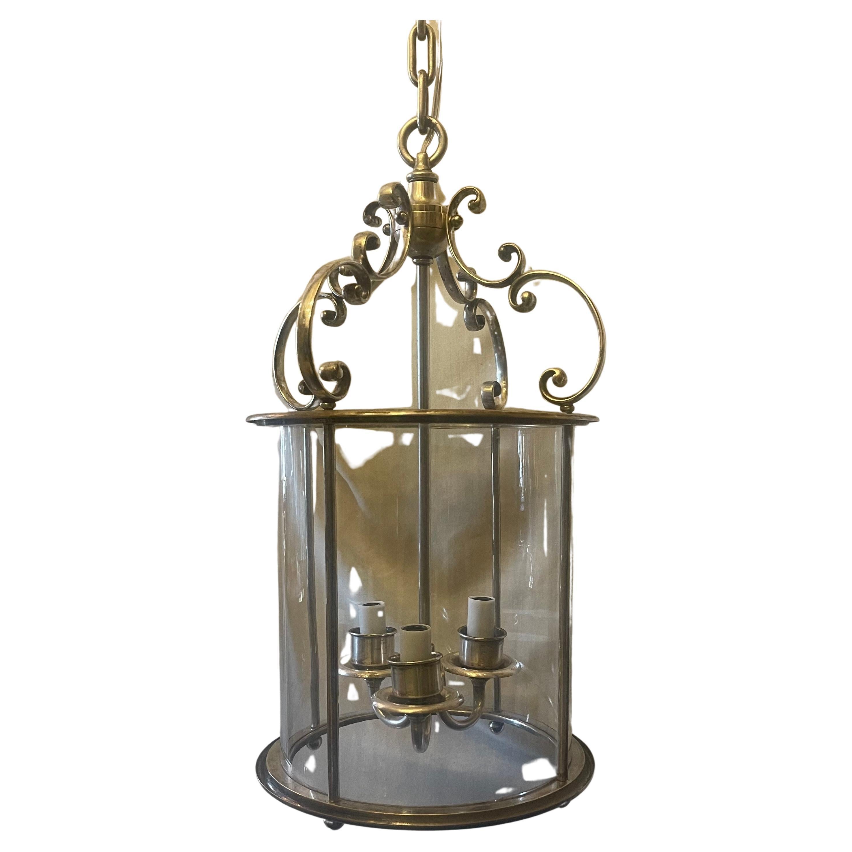 American Sterling Bronze Co. Pair Of Polished Nickel Bronze Blown Glass Lantern Fixtures For Sale