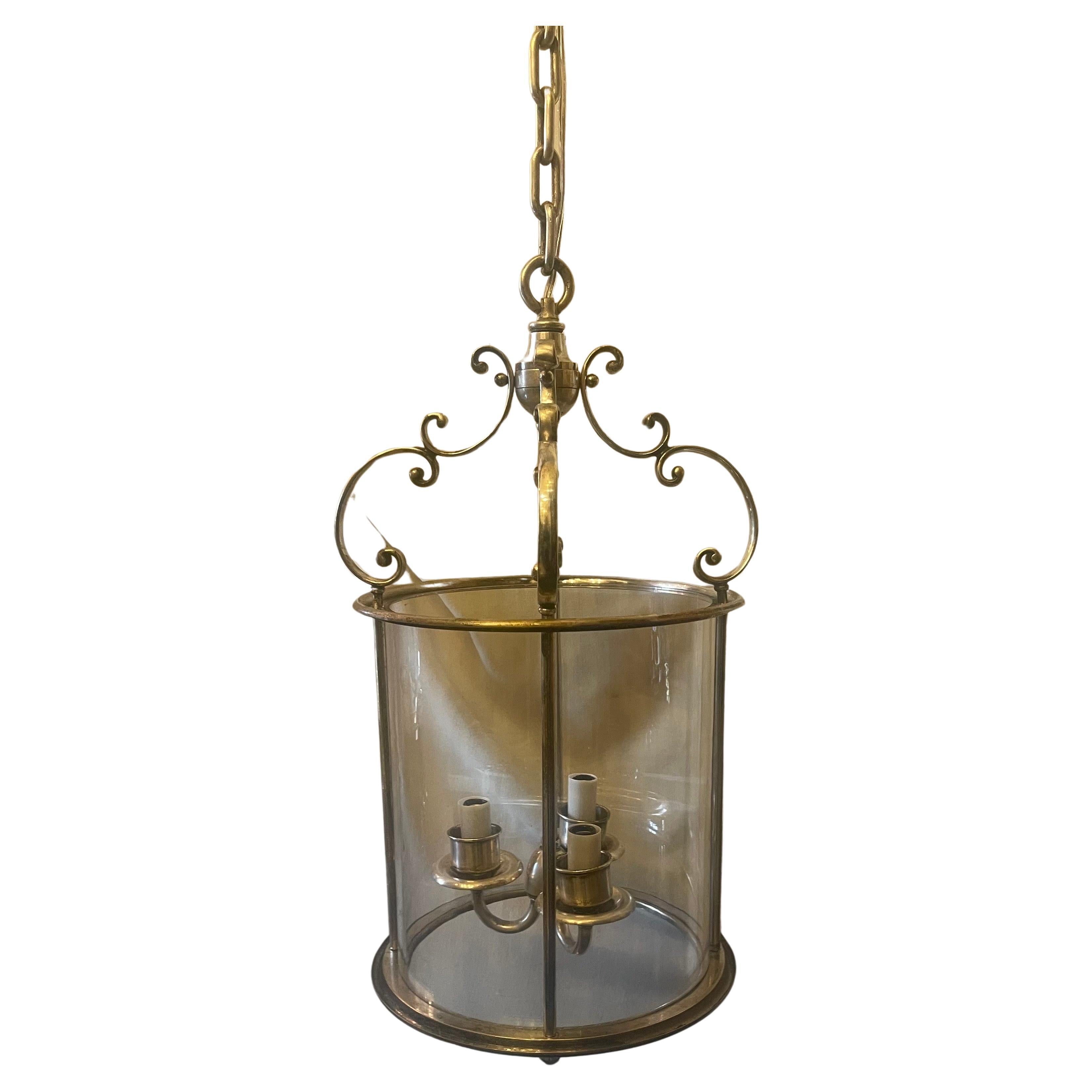Silvered Sterling Bronze Co. Pair Of Polished Nickel Bronze Blown Glass Lantern Fixtures For Sale