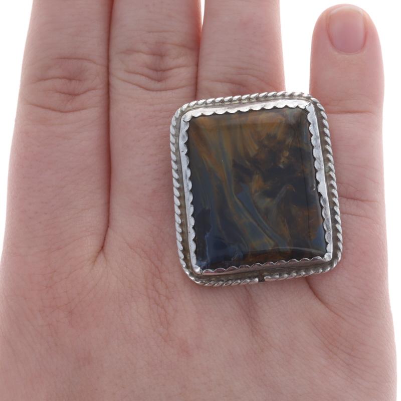 Sterling Brown Blue Tiger's Eye Cocktail Solitaire Ring 925 Rectangular Cabochon In Excellent Condition For Sale In Greensboro, NC