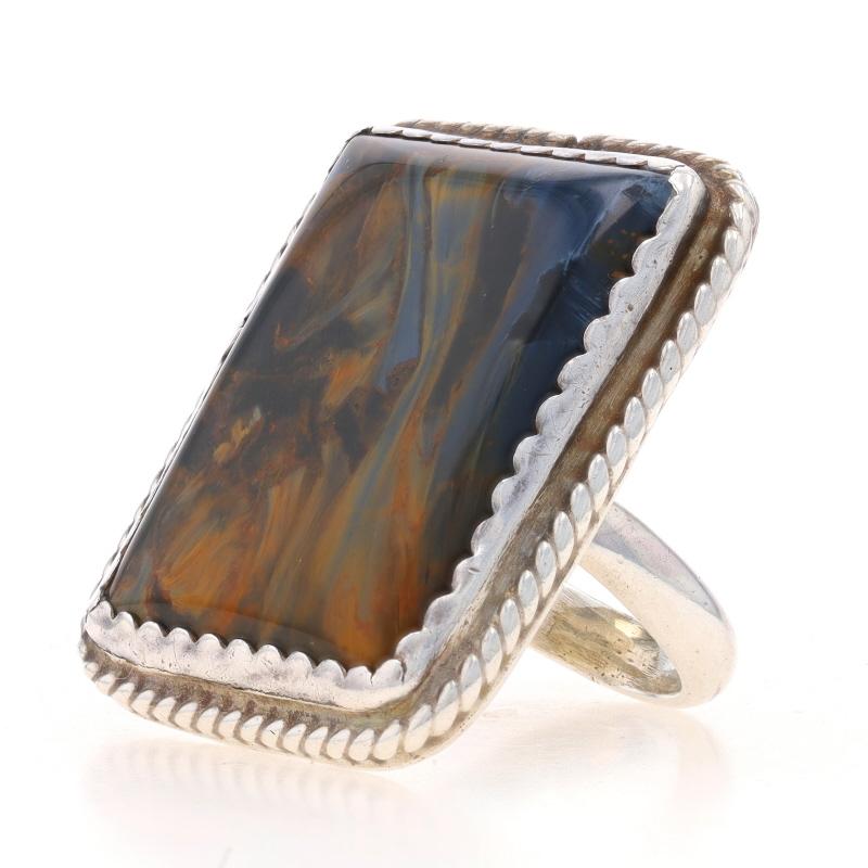 Women's Sterling Brown Blue Tiger's Eye Cocktail Solitaire Ring 925 Rectangular Cabochon For Sale