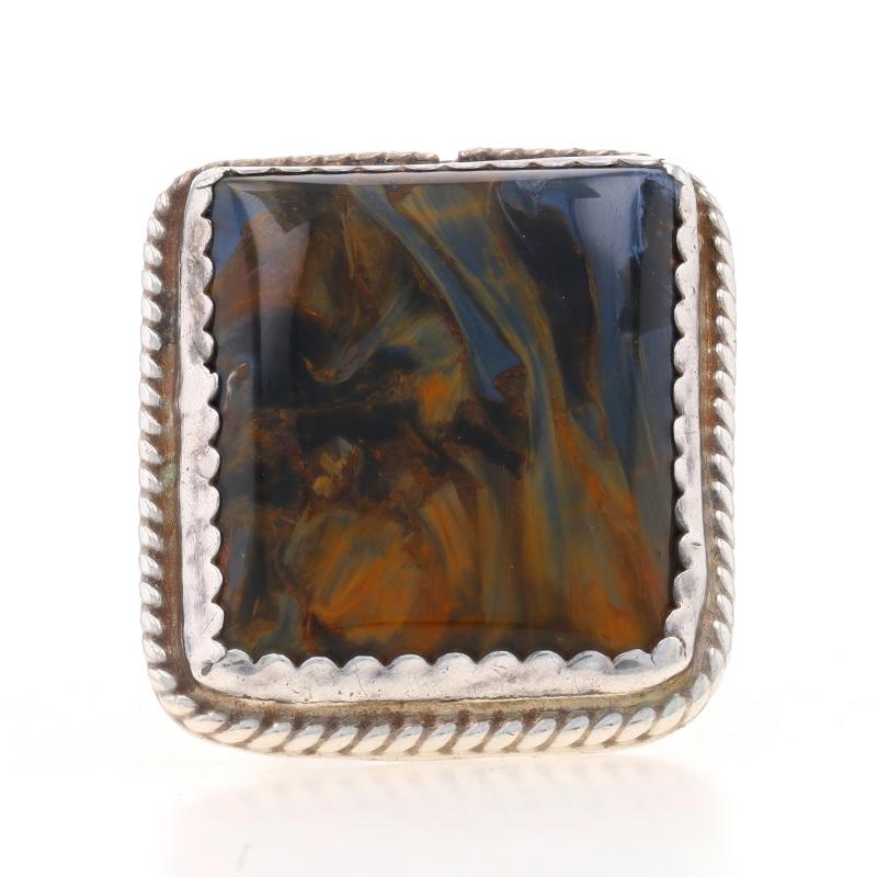 Sterling Brown Blue Tiger's Eye Cocktail Solitaire Ring 925 Rectangular Cabochon For Sale