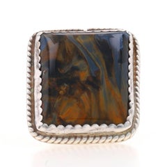 Sterling Brown Blue Tiger's Eye Cocktail Solitaire Ring 925 Rectangular Cabochon