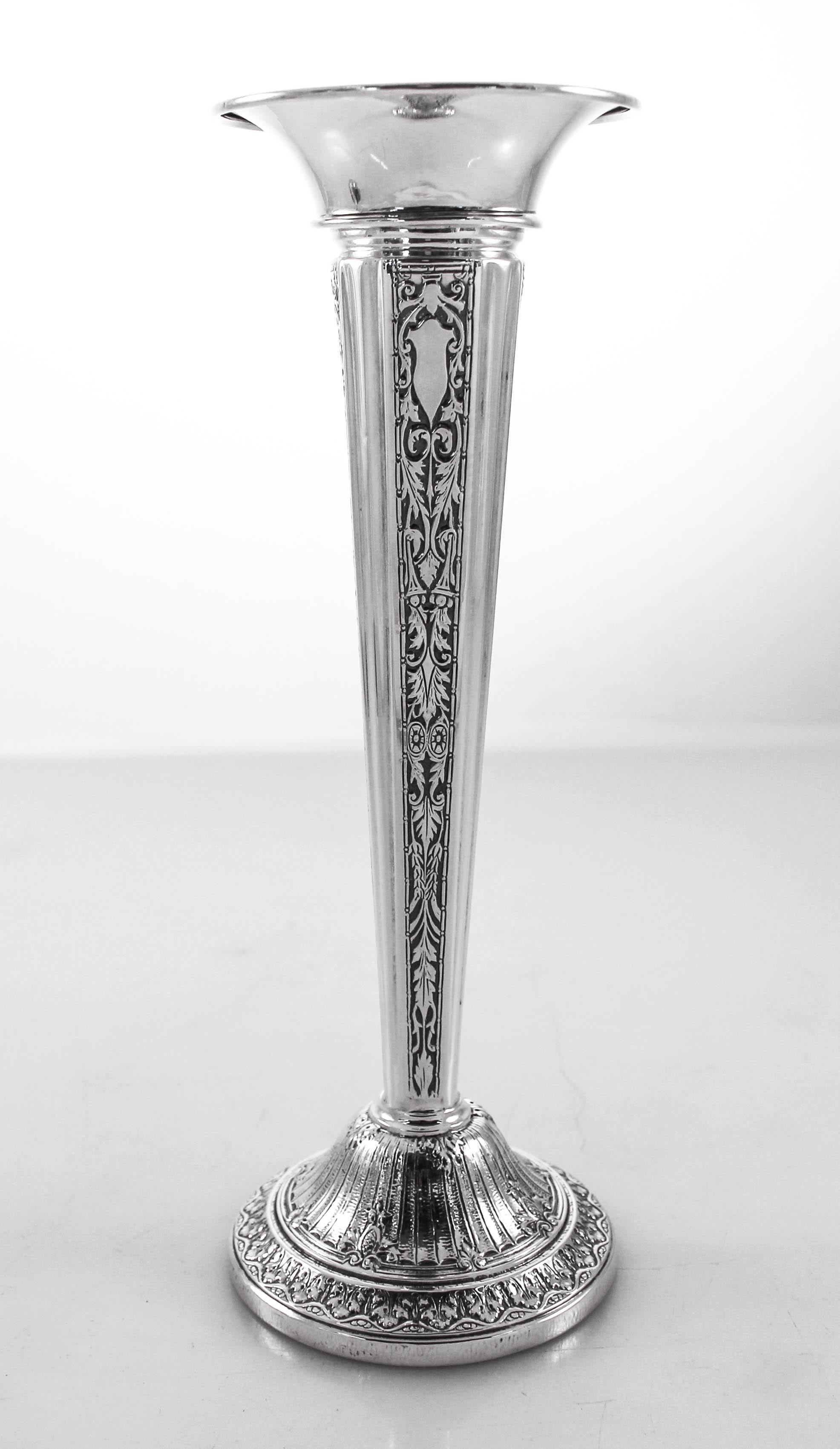 These sterling silver bud vases are so elegant. They have delicate etchings around the base and shaft. The perfect size for those areas — end tables, powder and guest rooms, etc. Bring some color and life to every room, these vases will be perfect.