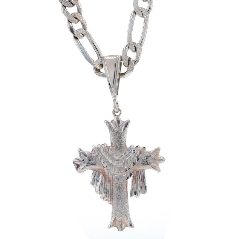 Metal Content: Sterling Silver

Chain Style: Reversible Fancy Diamond Cut Figaro
Necklace Style: Chain
Fastening Type: Lobster Claw Clasp
Theme: Budded Resurrection Cross, Faith
Features: Smoothly Finished Pendant with Etched & Textured Detailing;
