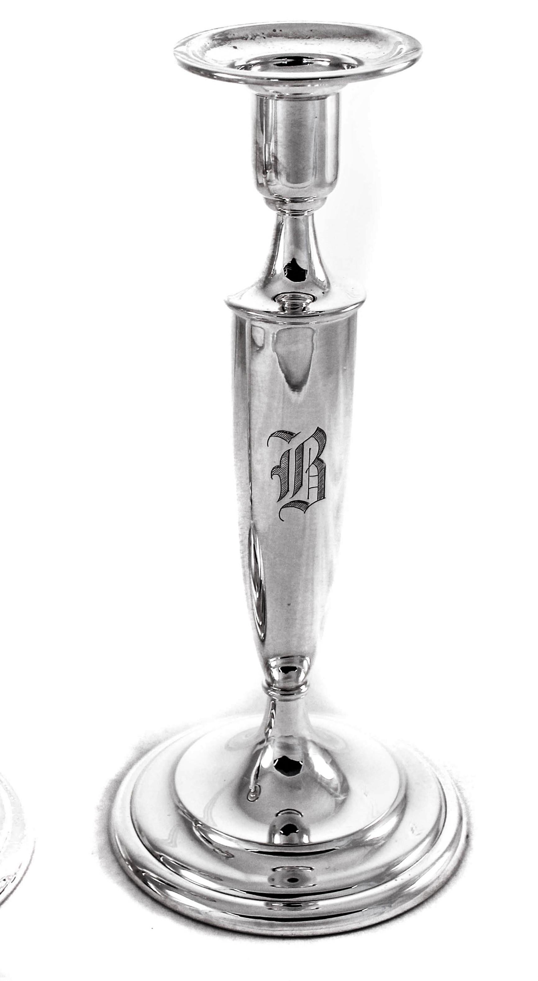 If simple and clean are adjectives that help describe your taste in silver, these are up your alley. They have no etching or decoration, just a nice shape and lines. They are not weighted and have a hand engraved Old English B monogram. A classy and