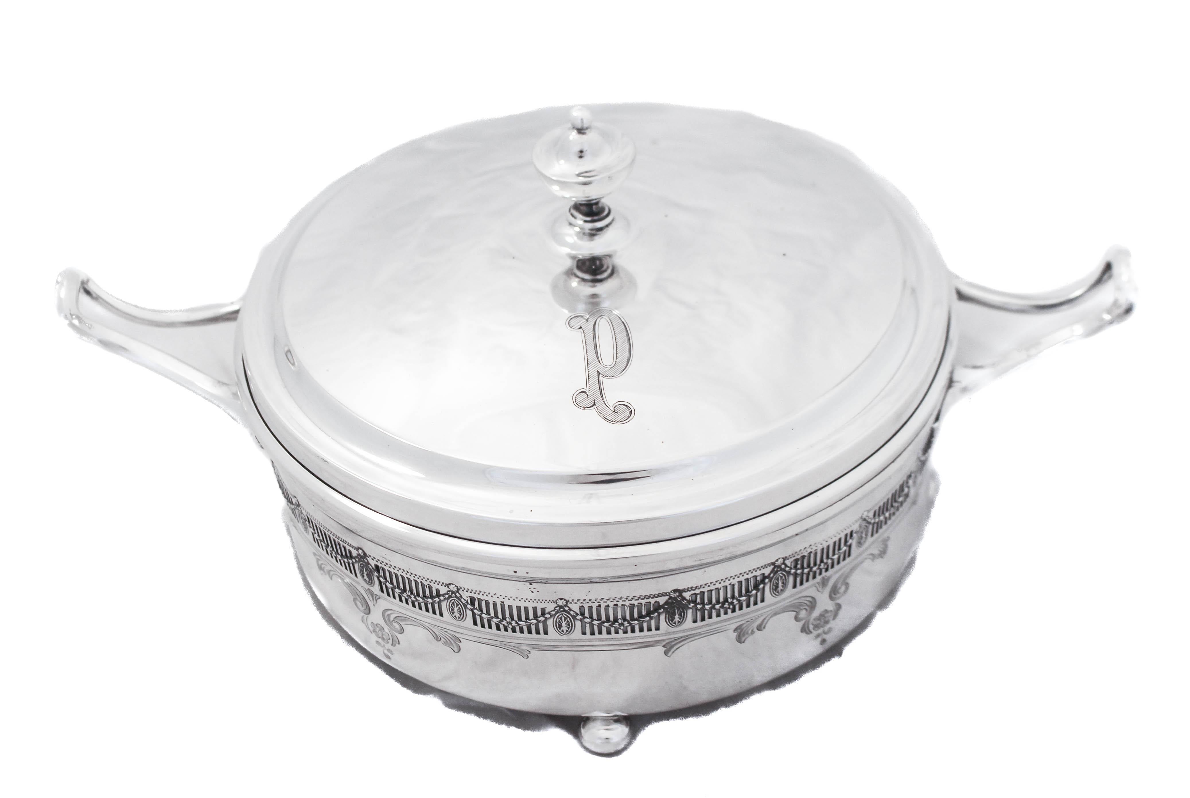 We are proud to offer you this sterling silver casserole holder by Frank Whiting Silver — with the original casserole dish. There are three pieces to this item: the sterling holder, sterling lid and the original casserole dish. All are in mint