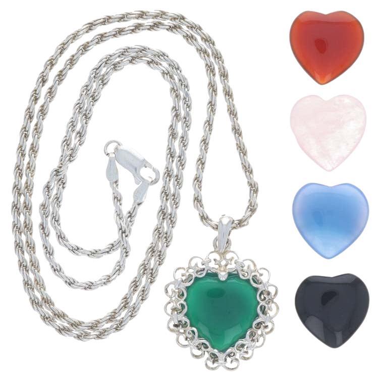 Sterling Chalcedony Quartz Interchangeable Solitaire Heart Necklace 23 3/4" 925