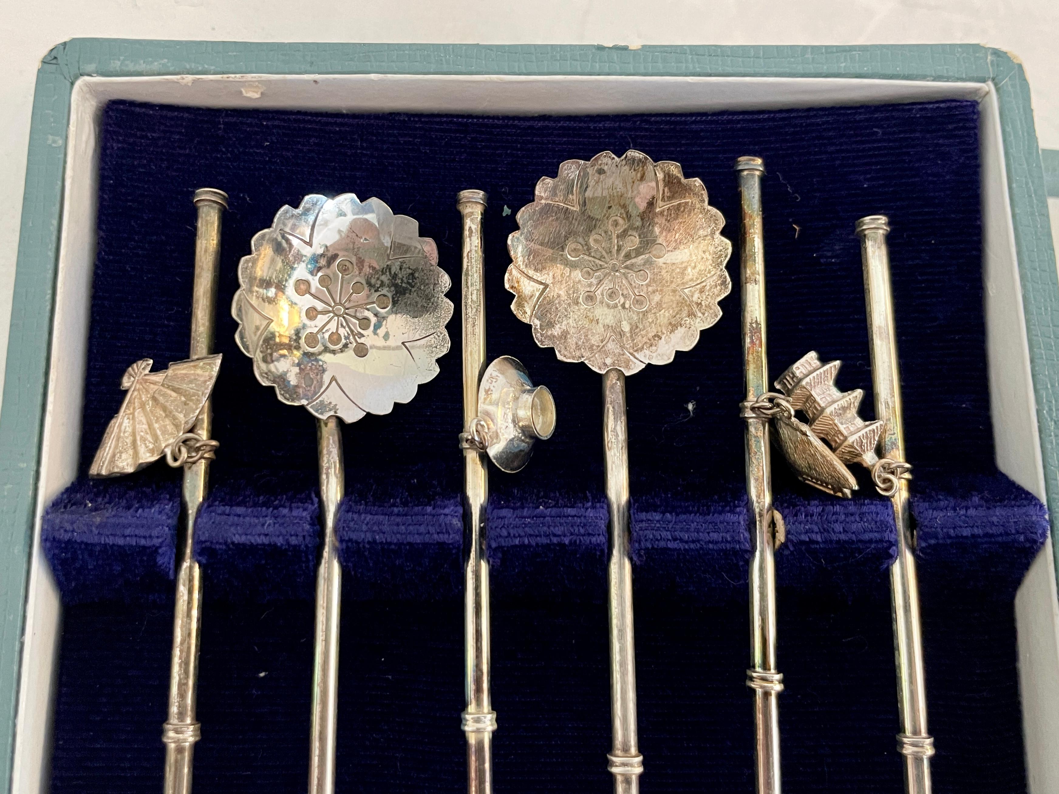 Mid-20th Century Sterling Chinoiserie Silver Cocktail Spoons, Set of 6 For Sale