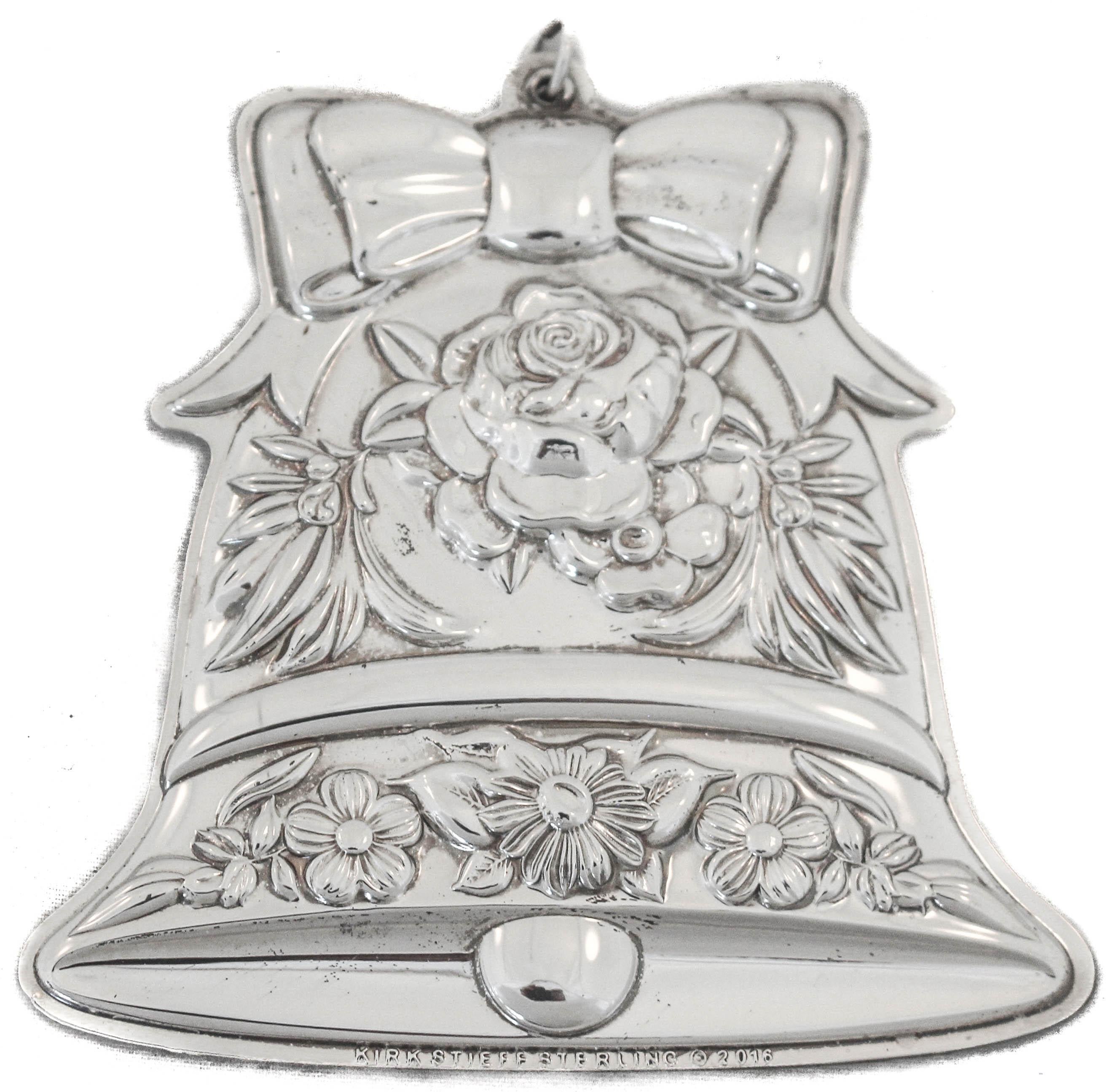 We are delighted to offer you this sterling silver Christmas ornament by the Kirk-Stieff Silver Company of Baltimore, Maryland. The most iconic sound of the holiday season is that of church bells ringing and welcoming in this auspicious time of
