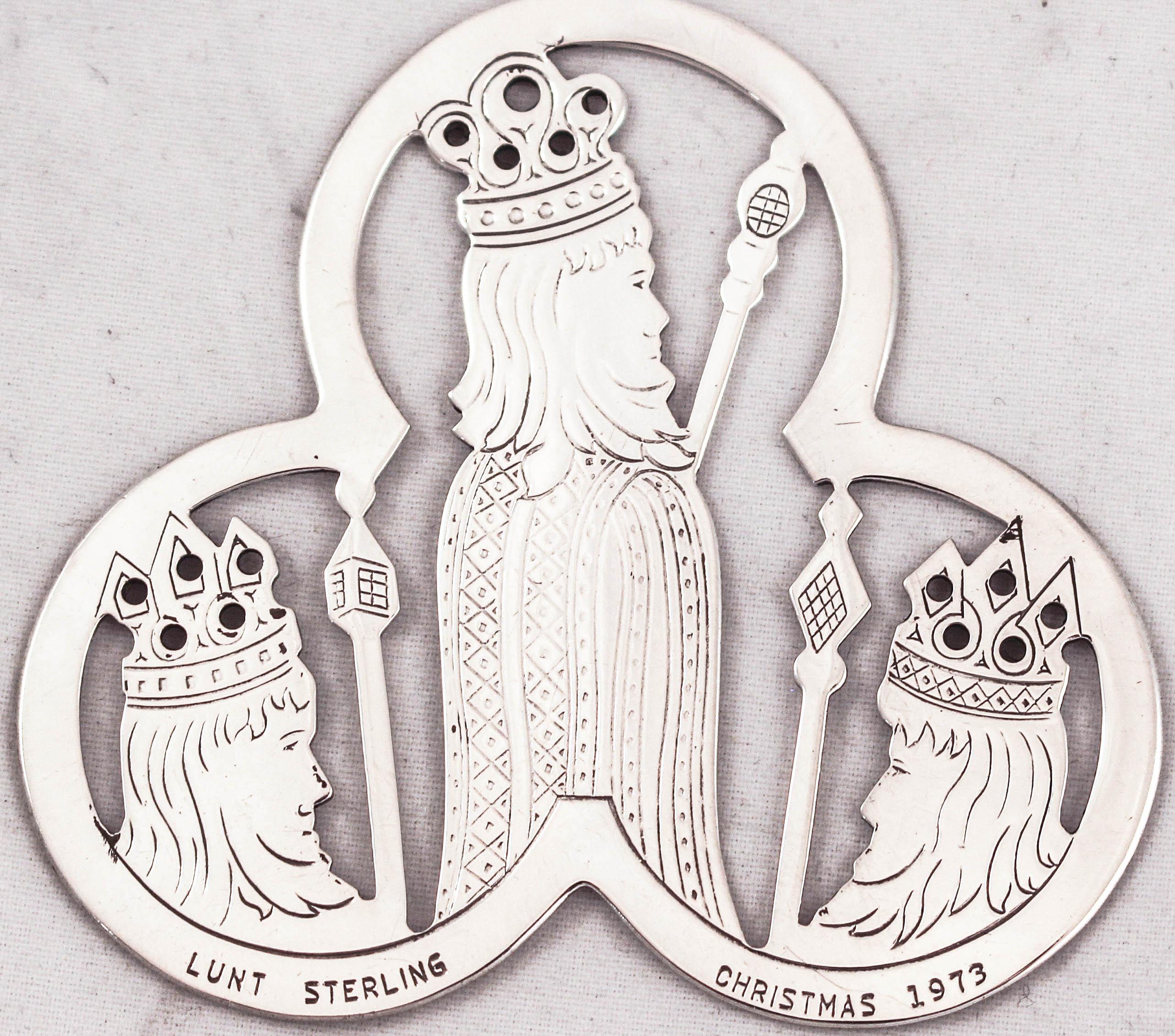 We are delighted to offer this sterling silver Christmas ornament depicting the “Three Wise Men” or “Three Kings” in search of the baby Jesus. Very rare and in mint condition. Each King is seen caring a staff and wears a crown in honor of the