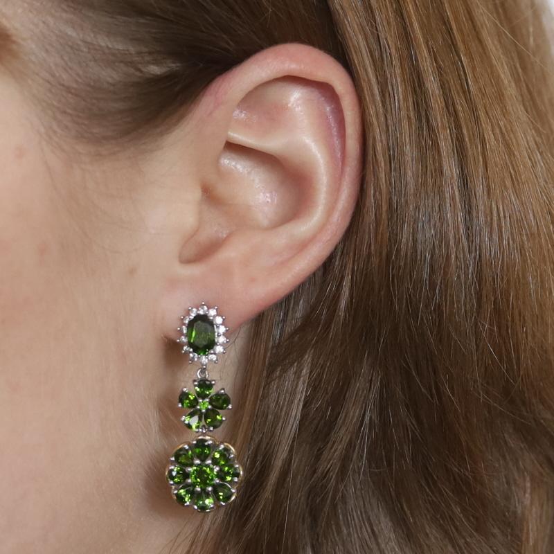 Mixed Cut Sterling Chrome Diopside White Topaz Halo Dangle Earrings 925 Gold Plate Flowers For Sale