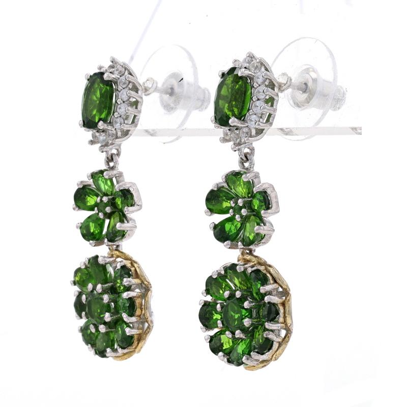 Sterling Chrome Diopside White Topaz Halo Dangle Earrings 925 Gold Plate Flowers In Excellent Condition For Sale In Greensboro, NC