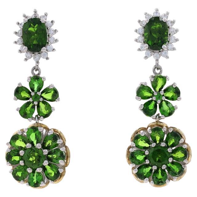 Sterling Chrome Diopside White Topaz Halo Dangle Earrings 925 Gold Plate Flowers For Sale