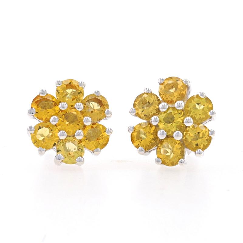 Metal Content: Sterling Silver

Stone Information

Natural Citrines
Treatment: Heating
Carat(s): 2.80ctw
Cut: Round
Color: Yellow

Total Carats: 2.80ctw

Style: Large Cluster Halo Stud
Fastening Type: Butterfly Closures

Measurements

Tall: 17/32