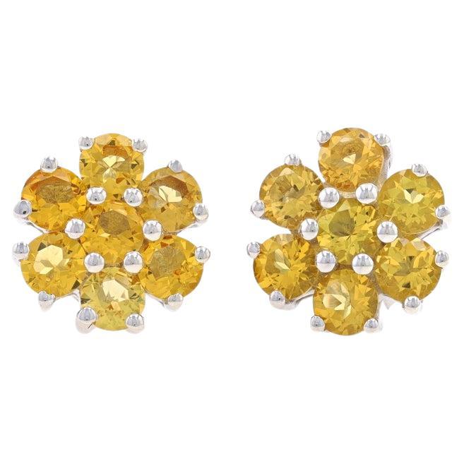 Sterling Citrine Large Cluster Halo Stud Earrings - 925 Round 2.80ctw Pierced For Sale