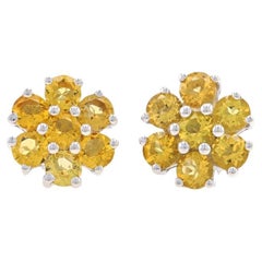 Sterling Citrine Large Cluster Halo Stud Earrings - 925 Round 2.80ctw Pierced