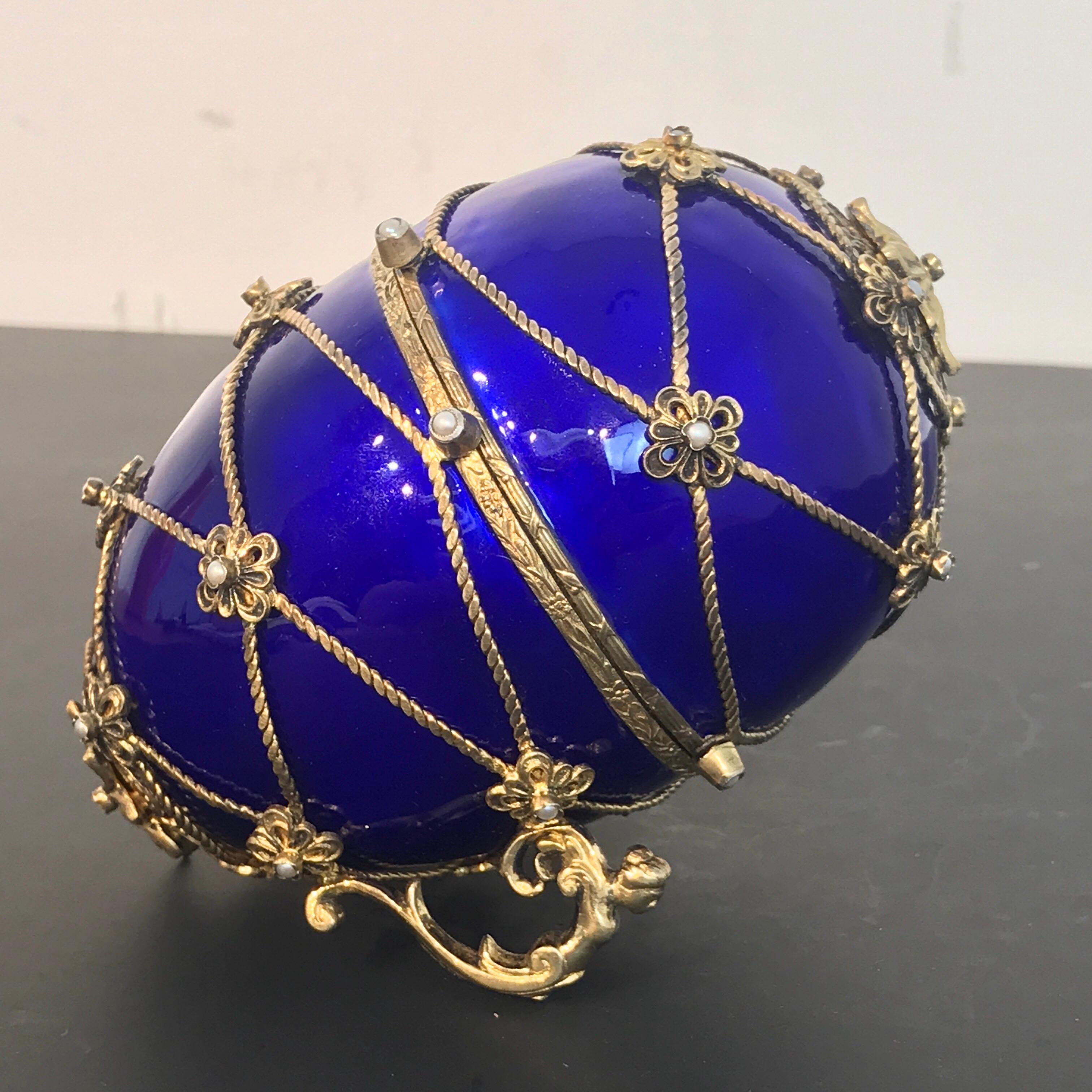 Sterling and Cobalt Blue Enamel Egg Music Box, in the Style of Fabergé 2