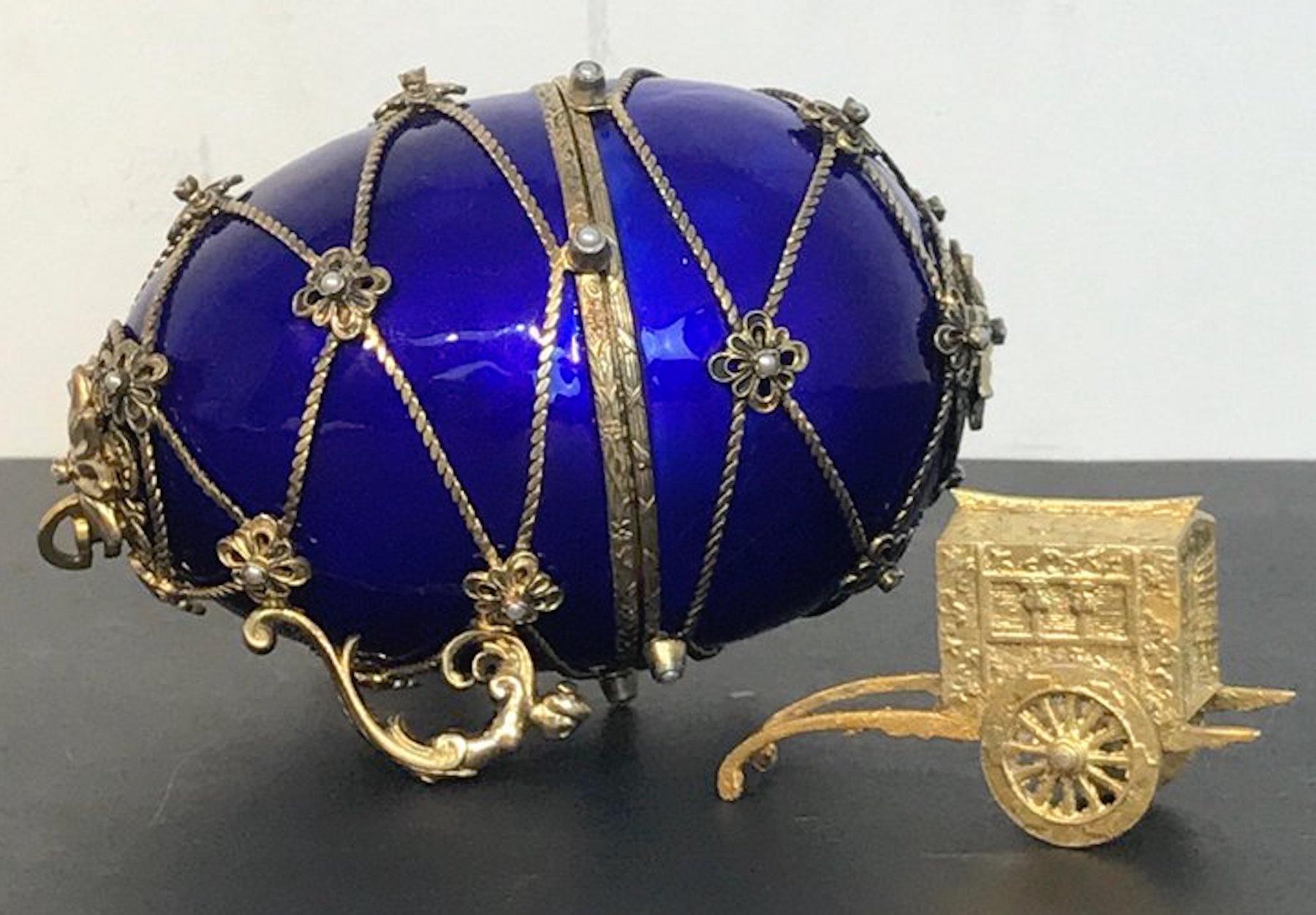 Sterling and Cobalt Blue Enamel Egg Music Box, in the Style of Fabergé 4