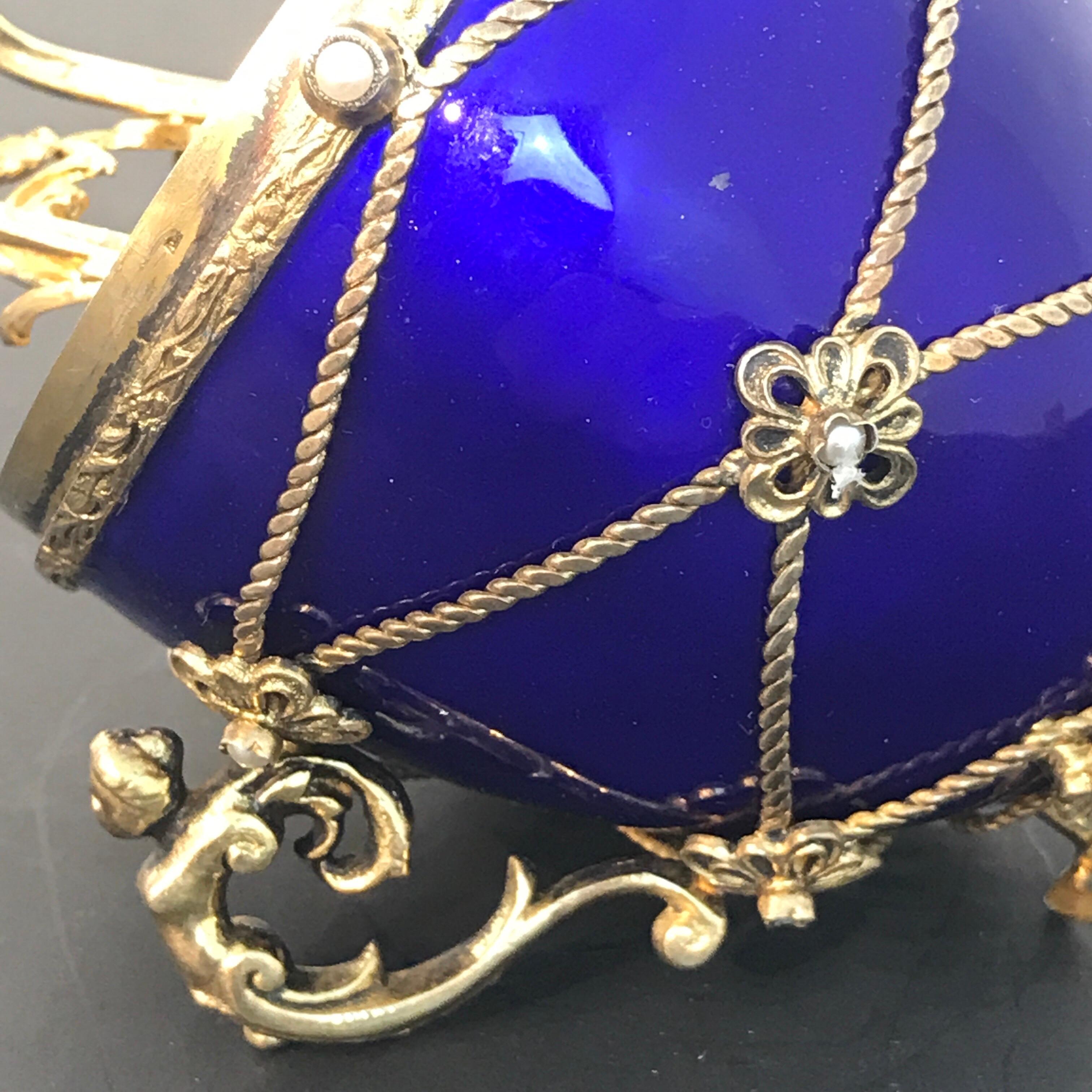 Sterling and Cobalt Blue Enamel Egg Music Box, in the Style of Fabergé 5