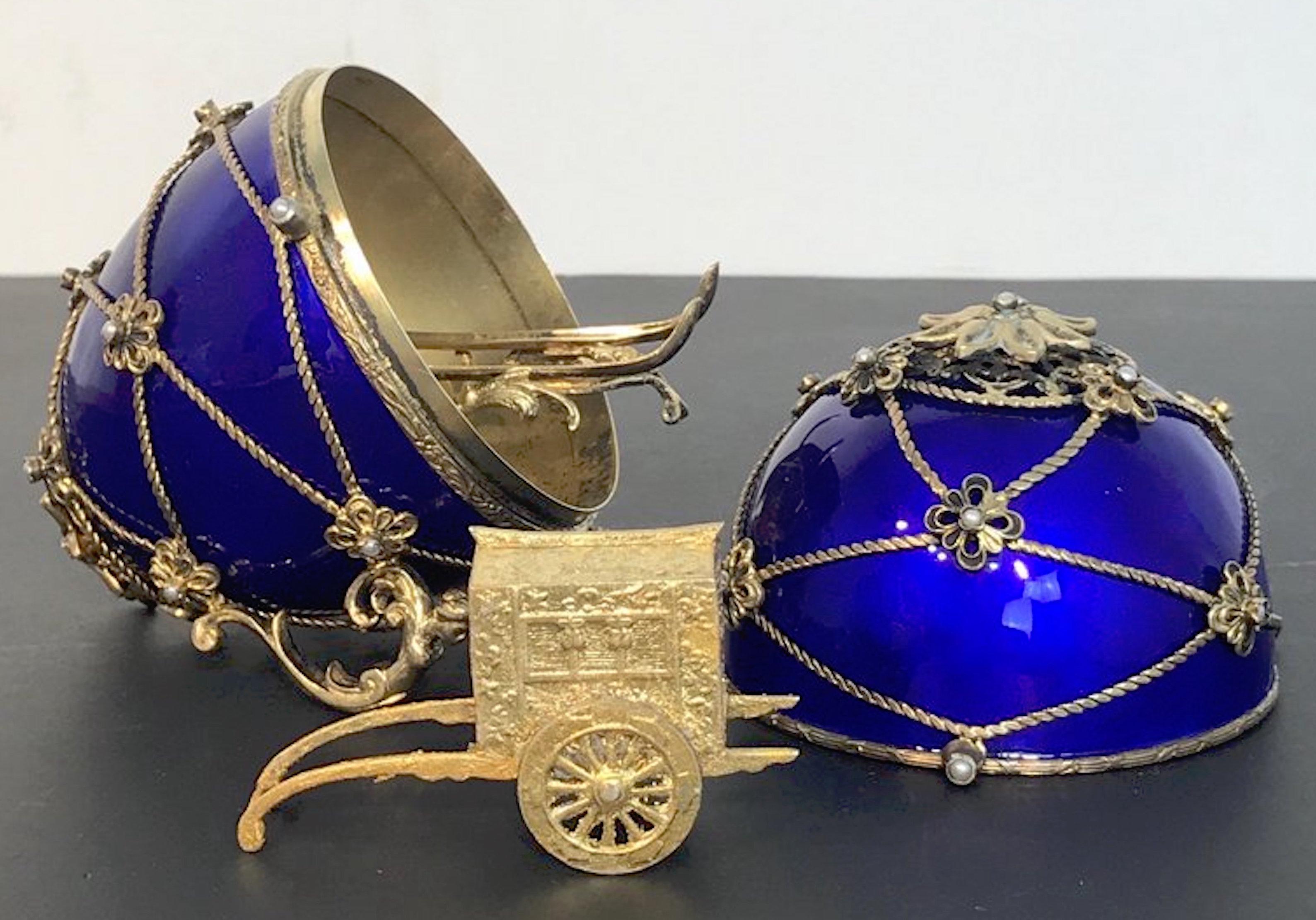 Belle Époque Sterling and Cobalt Blue Enamel Egg Music Box, in the Style of Fabergé