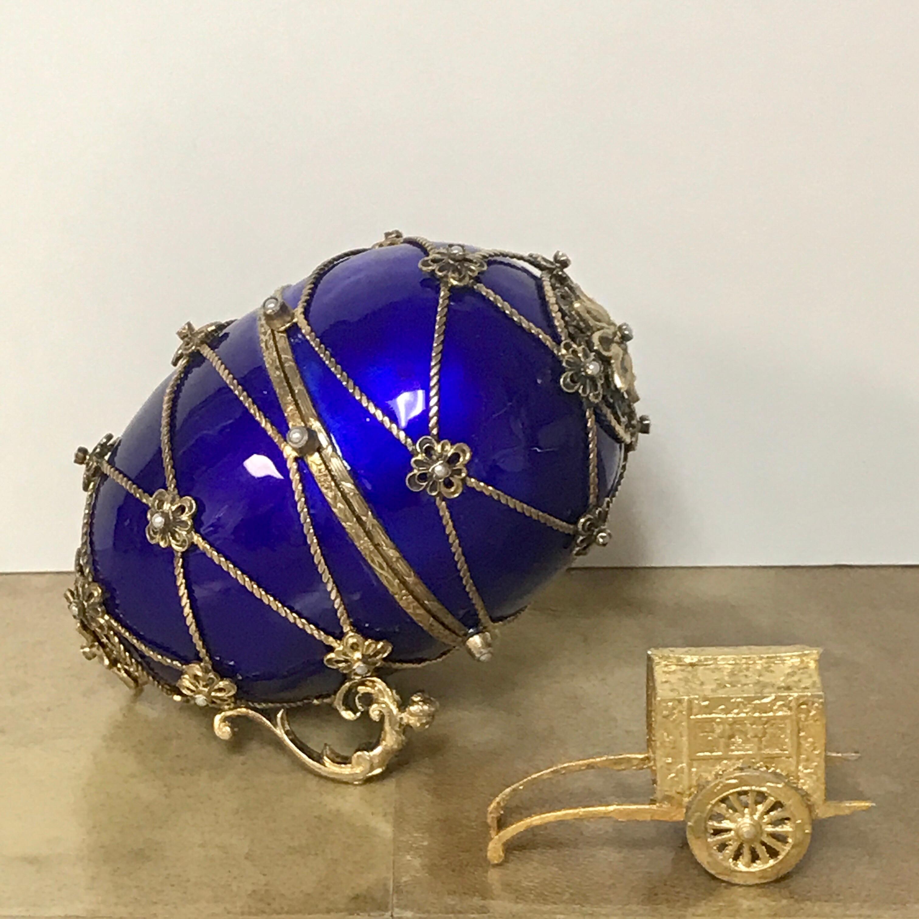 Austrian Sterling and Cobalt Blue Enamel Egg Music Box, in the Style of Fabergé