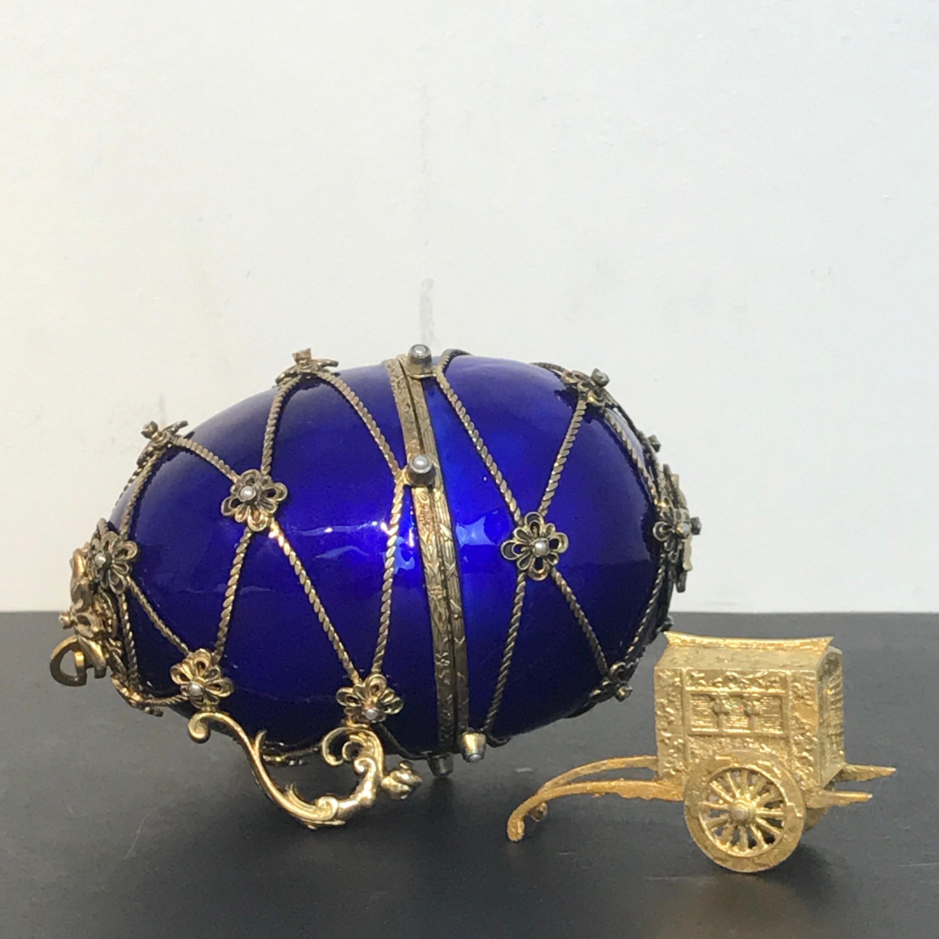 Enameled Sterling and Cobalt Blue Enamel Egg Music Box, in the Style of Fabergé