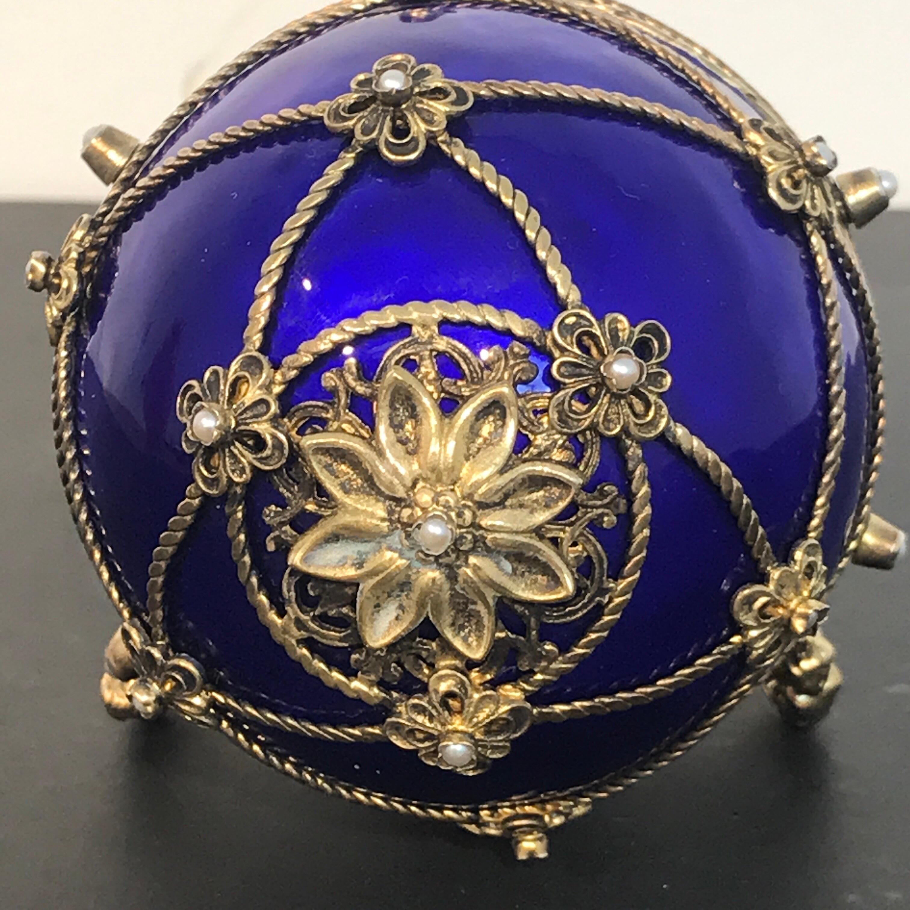 Sterling Silver Sterling and Cobalt Blue Enamel Egg Music Box, in the Style of Fabergé