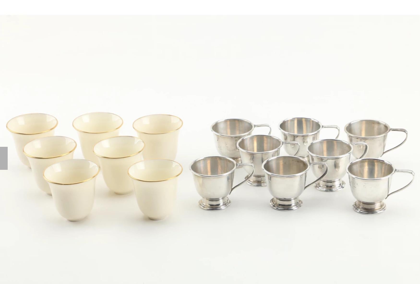 Lovely set of 24 pcs.- International Silver Co. 8 Sterling demitasse cups and 8 saucers with 8 Lenox porcelain inserts.
A vintage demitasse cup and saucer set by the International Silver Company and Lenox. The collection features eight round
